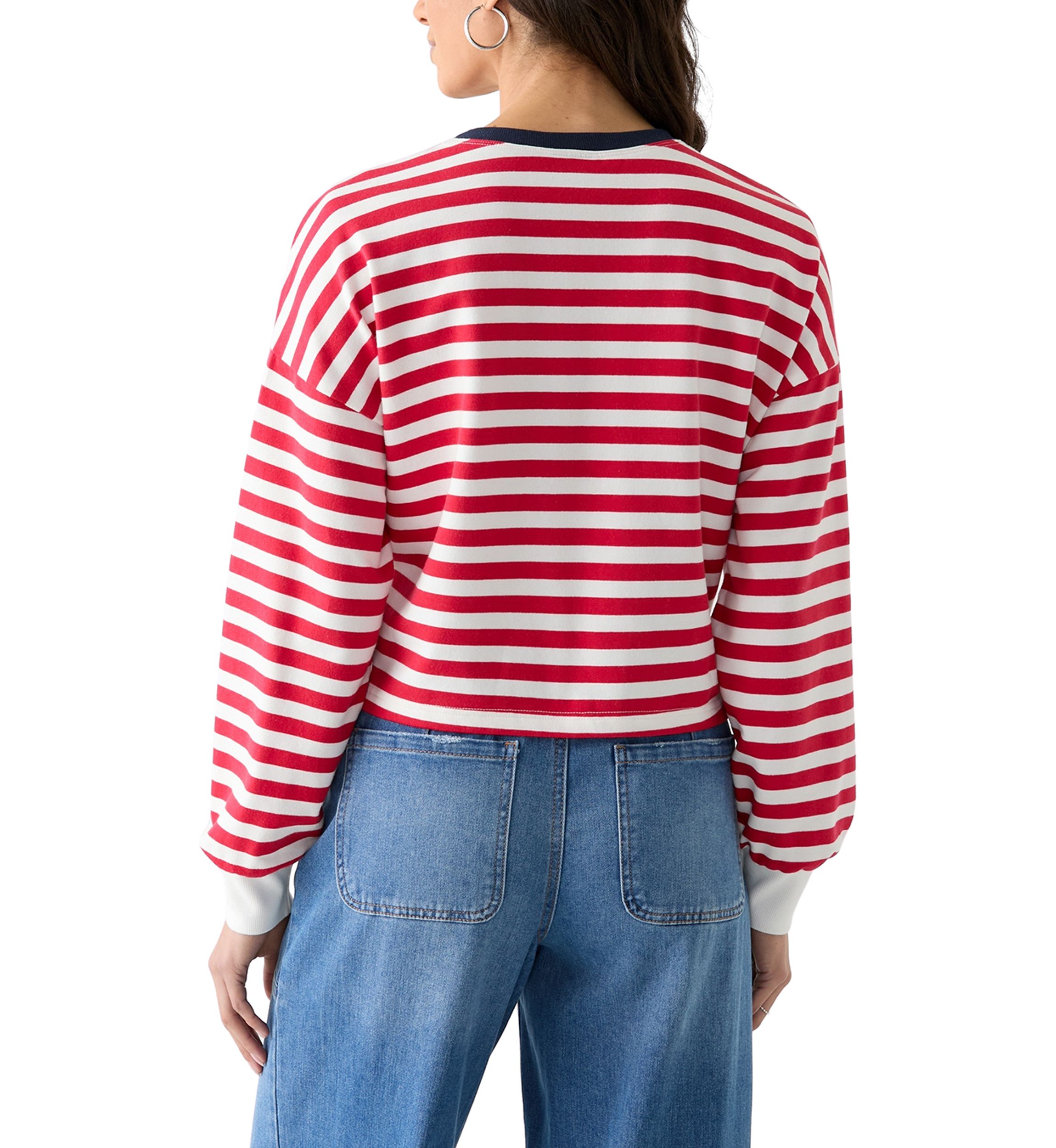 Womens Stripe Drop Shoulder Sleeve Crew Neck Sweatshirt