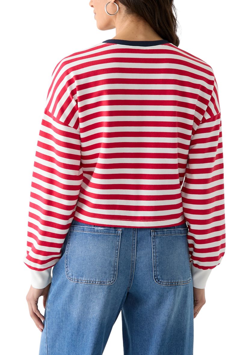 Womens Stripe Drop Shoulder Sleeve Crew Neck Sweatshirt