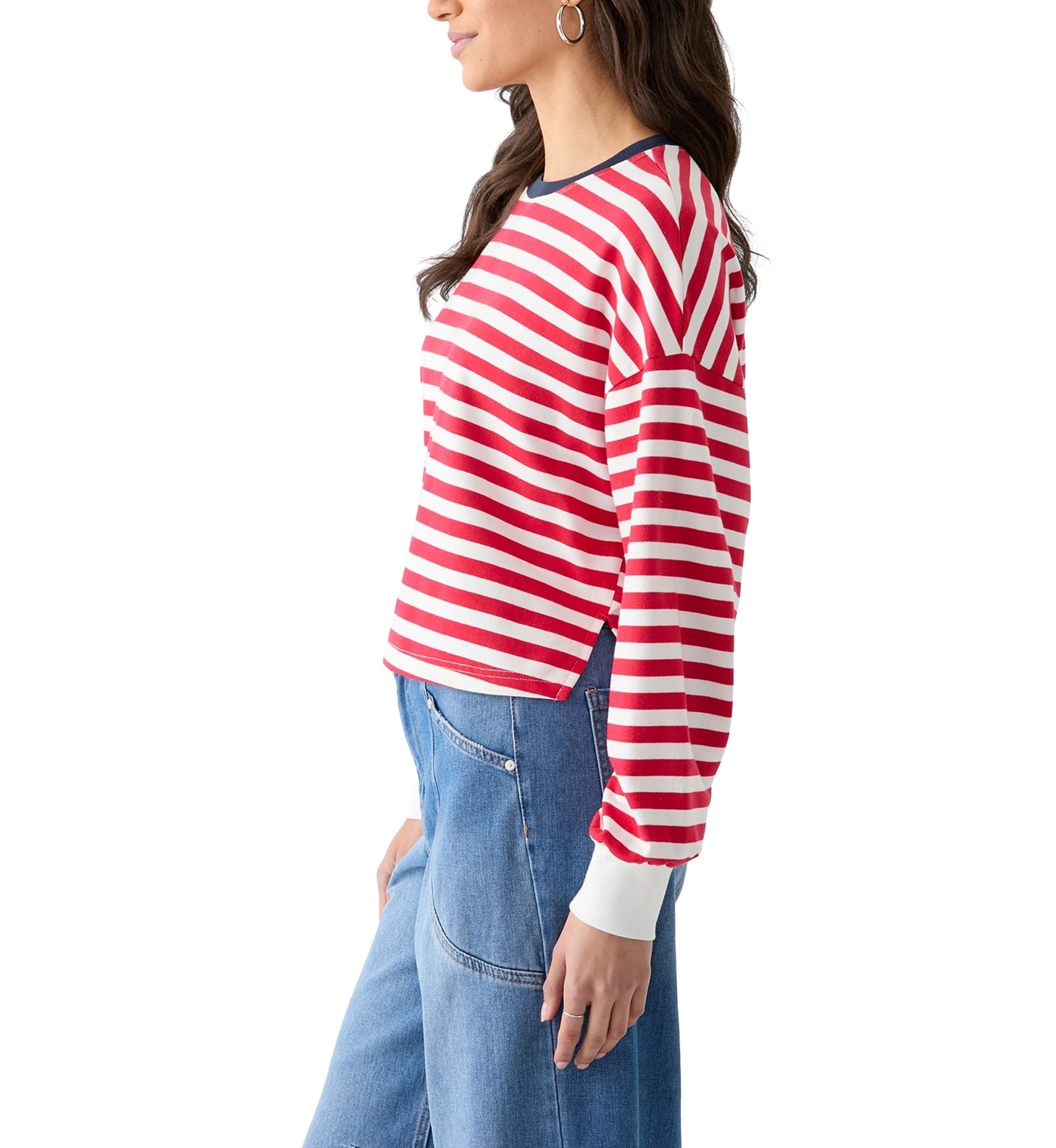 Womens Stripe Drop Shoulder Sleeve Crew Neck Sweatshirt