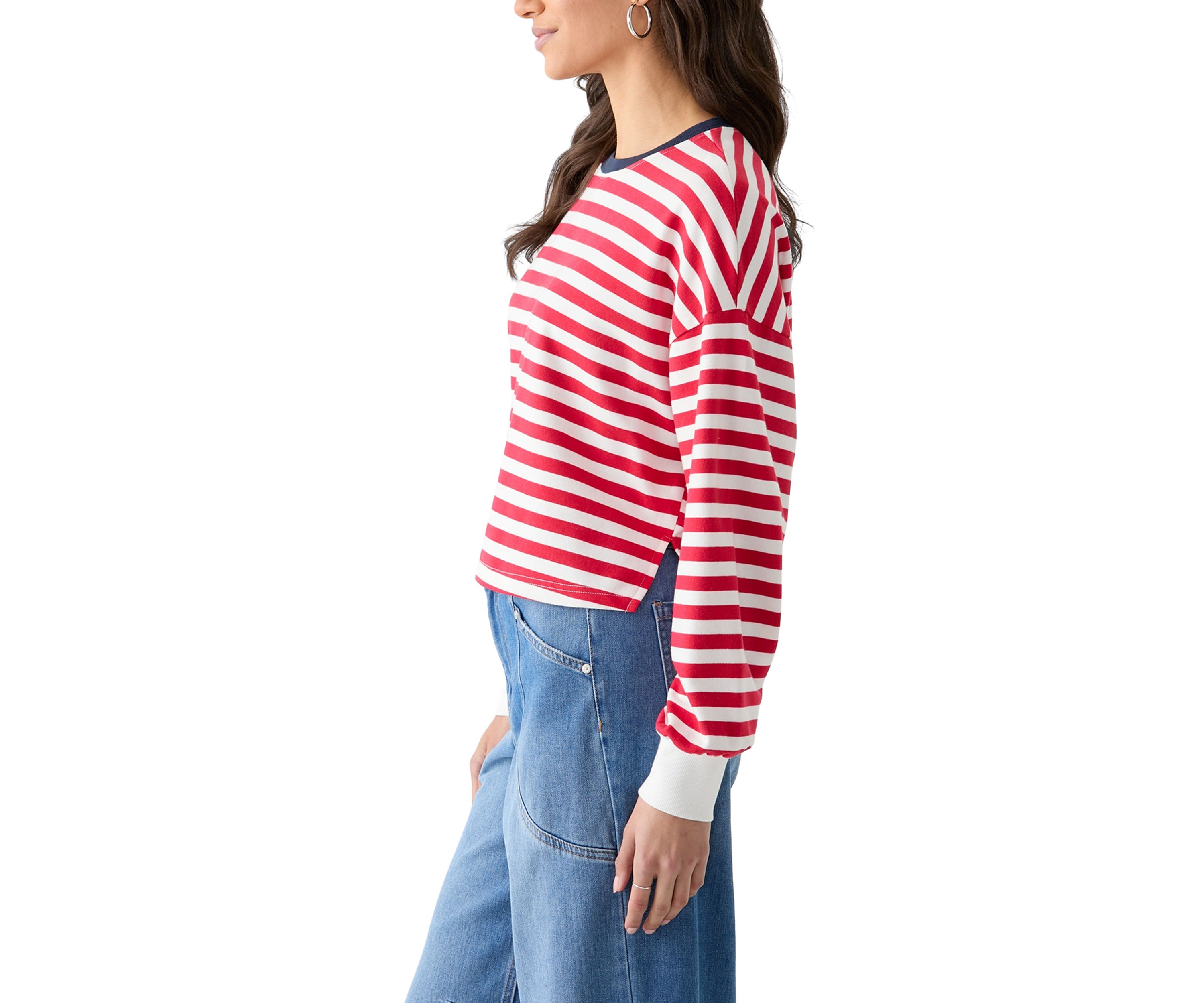 Womens Stripe Drop Shoulder Sleeve Crew Neck Sweatshirt