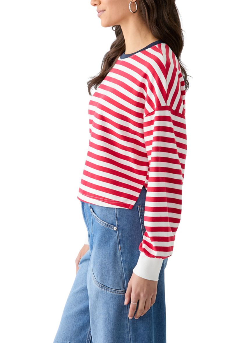 Womens Stripe Drop Shoulder Sleeve Crew Neck Sweatshirt