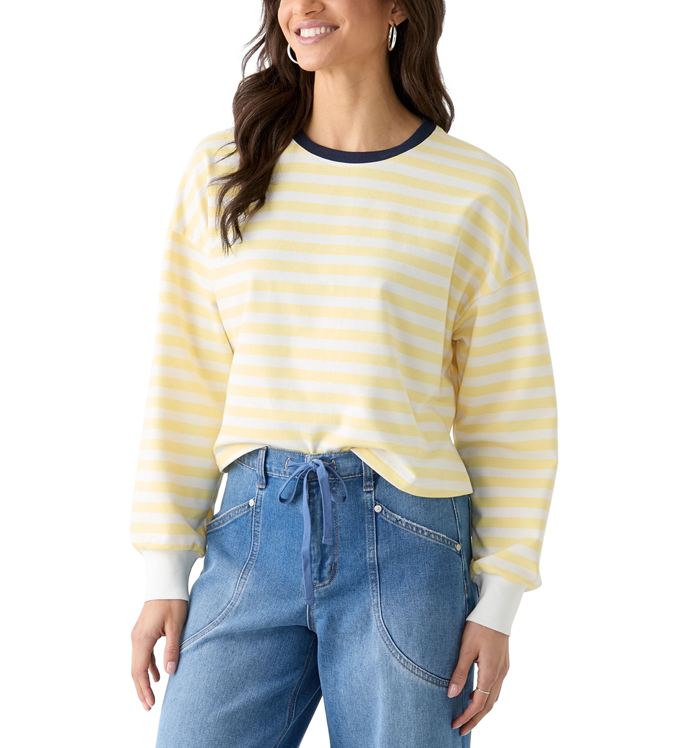 Womens Stripe Drop Shoulder Sleeve Crew Neck Sweatshirt
