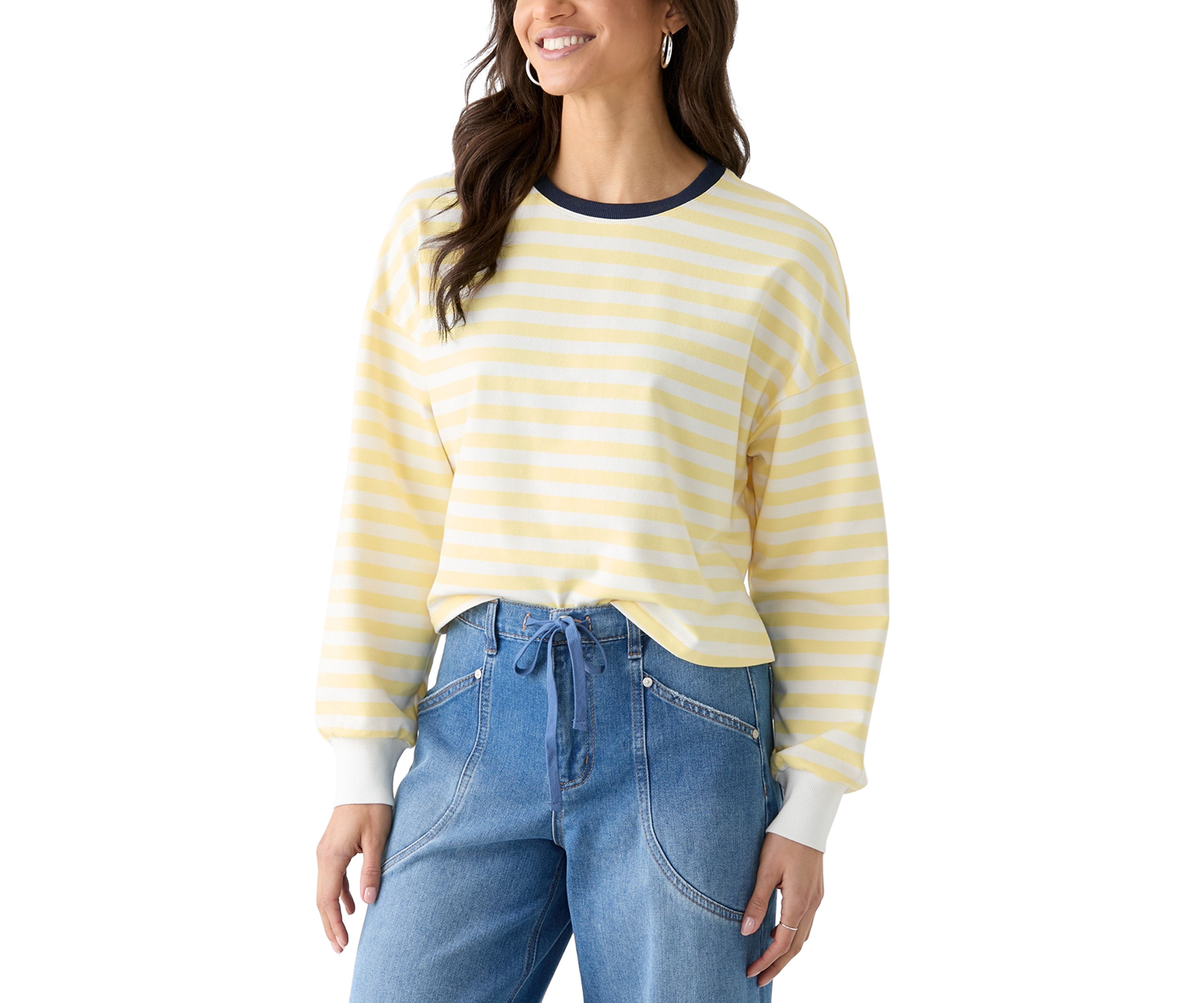 Womens Stripe Drop Shoulder Sleeve Crew Neck Sweatshirt