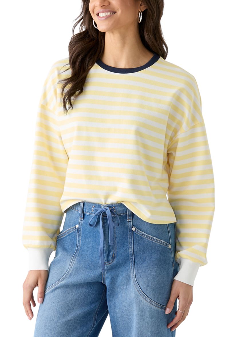 Womens Stripe Drop Shoulder Sleeve Crew Neck Sweatshirt