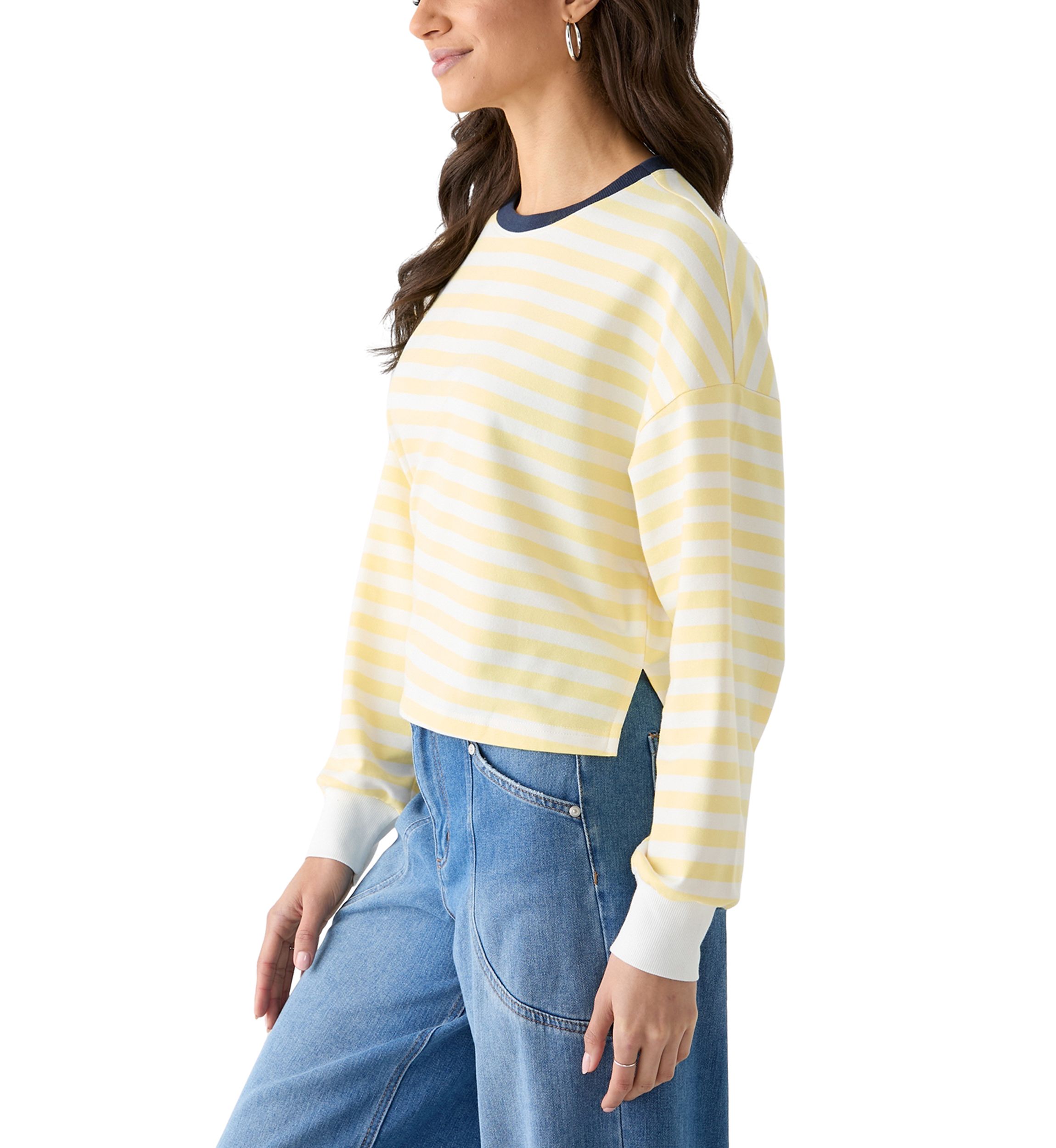 Womens Stripe Drop Shoulder Sleeve Crew Neck Sweatshirt