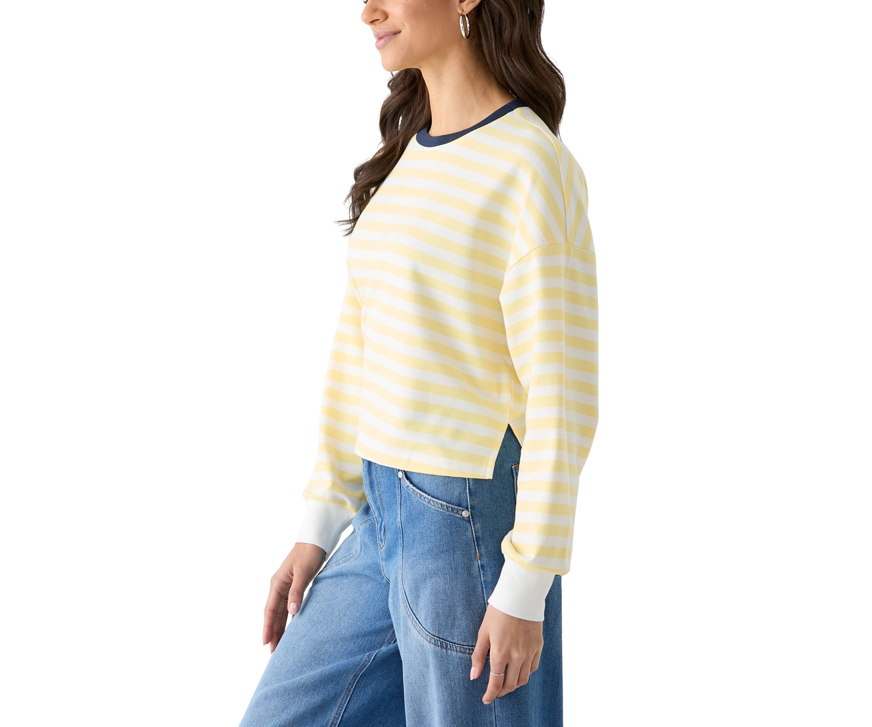 Womens Stripe Drop Shoulder Sleeve Crew Neck Sweatshirt