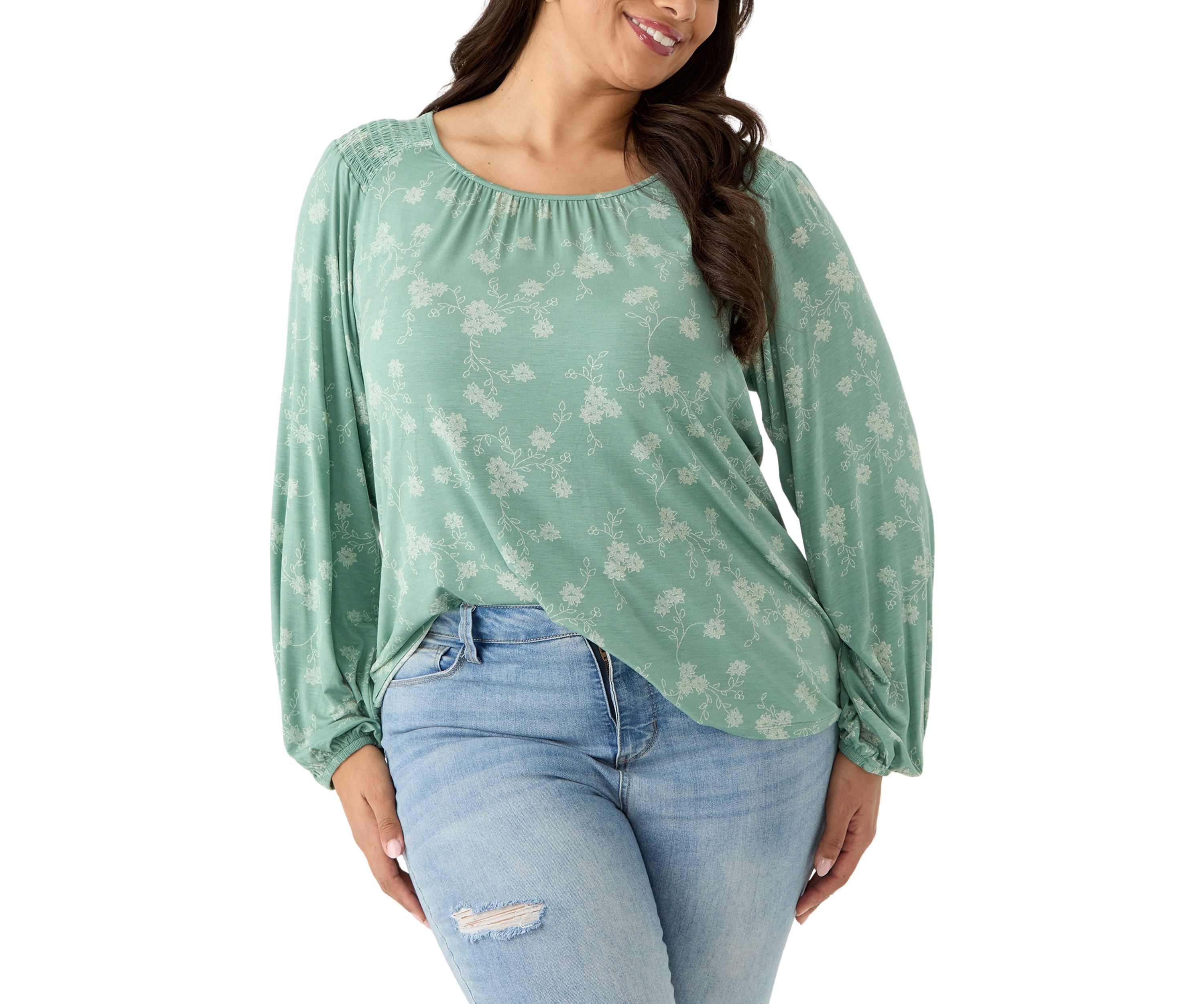 Plus Size Long Sleeve Smocked Shoulder Knit Top
