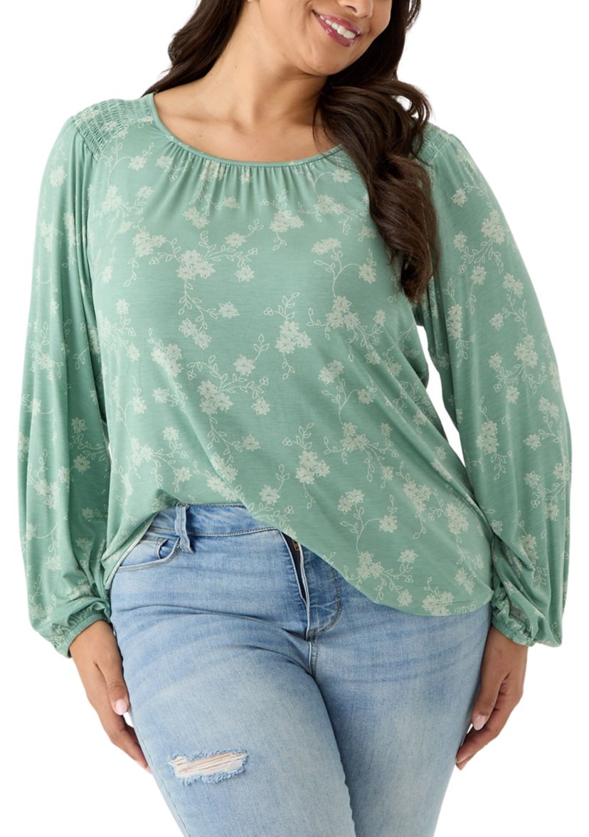 Plus Size Long Sleeve Smocked Shoulder Knit Top