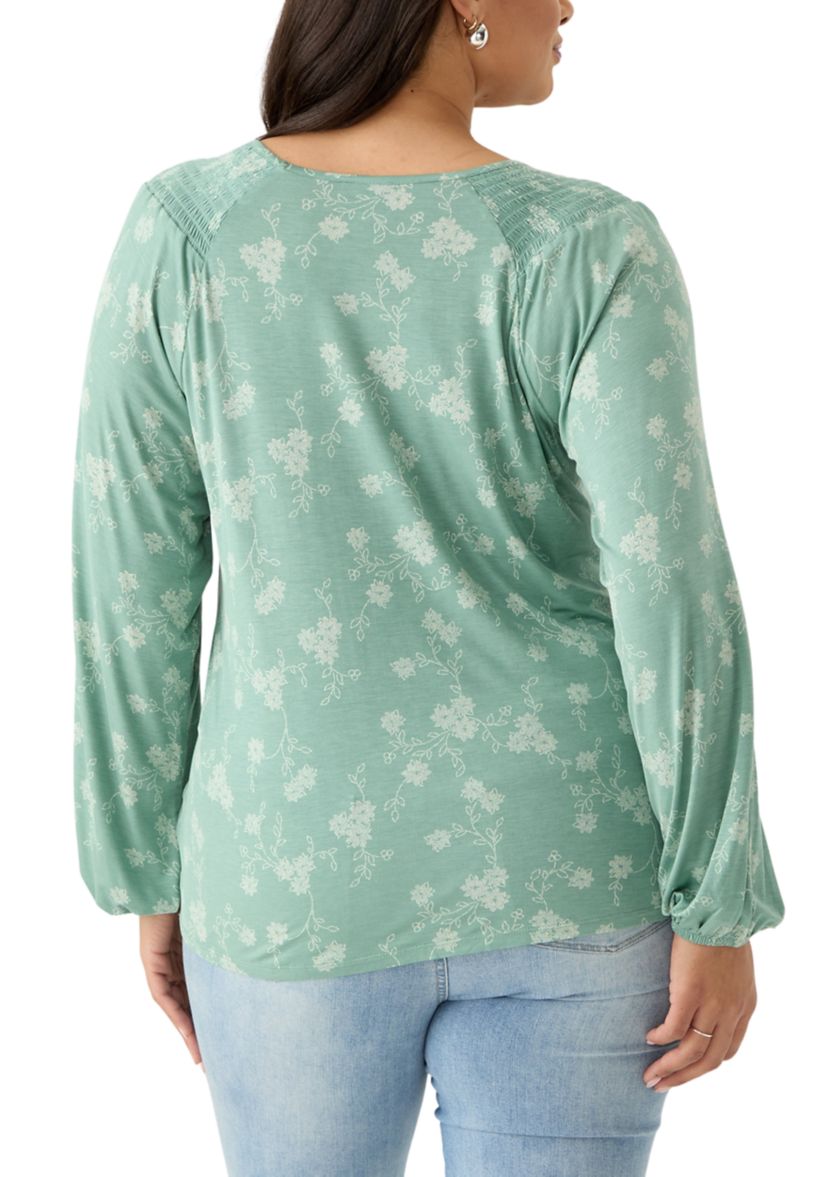Plus Size Long Sleeve Smocked Shoulder Knit Top
