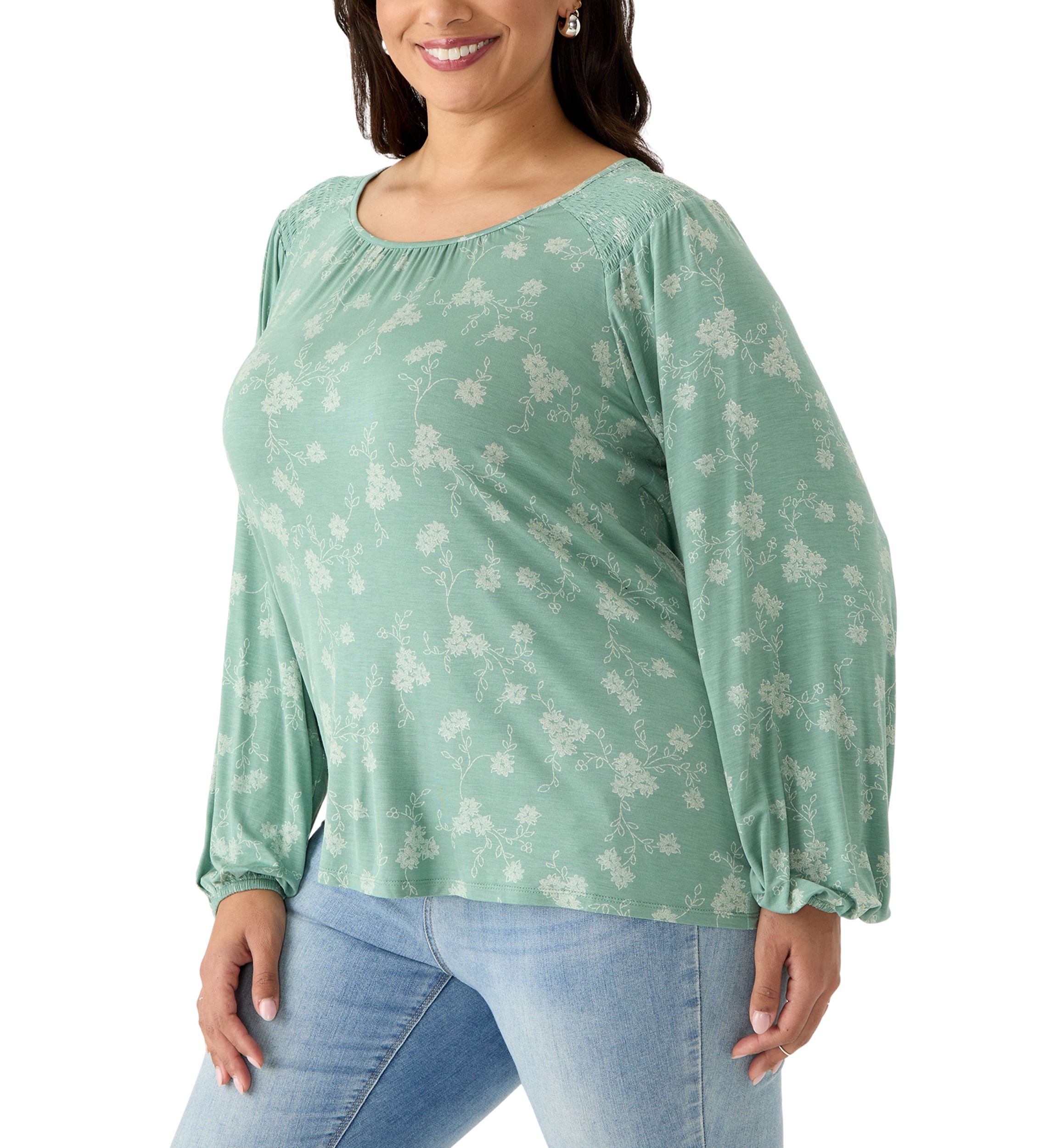 Plus Size Long Sleeve Smocked Shoulder Knit Top