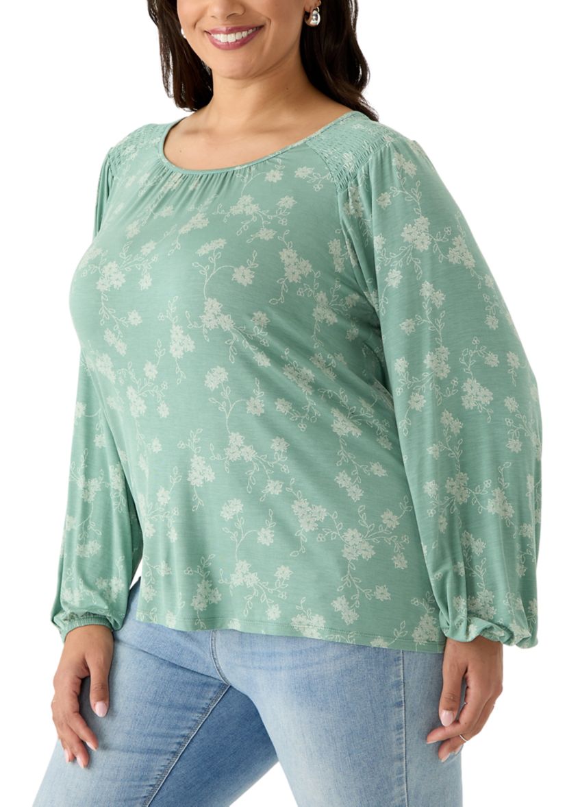 Plus Size Long Sleeve Smocked Shoulder Knit Top