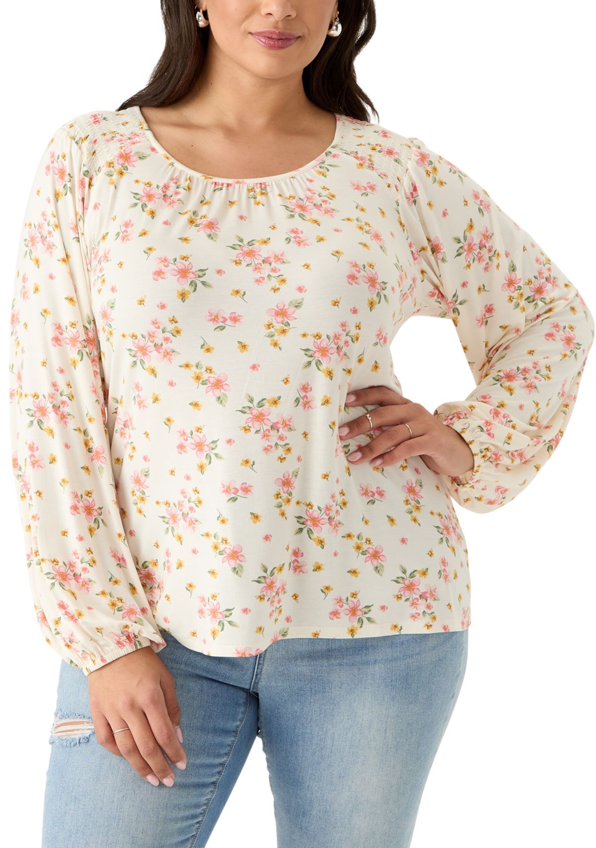 Plus Size Long Sleeve Smocked Shoulder Knit Top