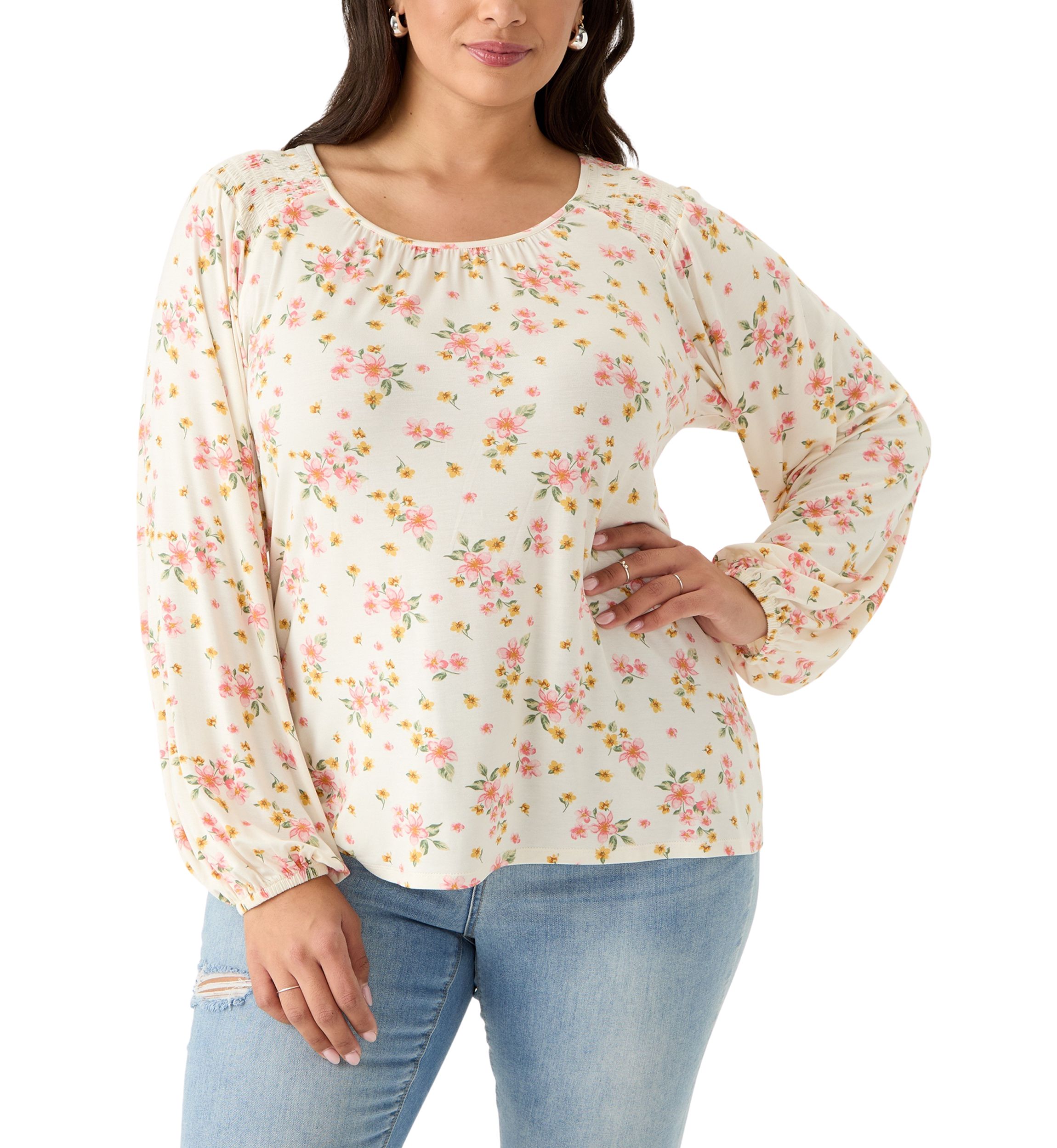Plus Size Long Sleeve Smocked Shoulder Knit Top