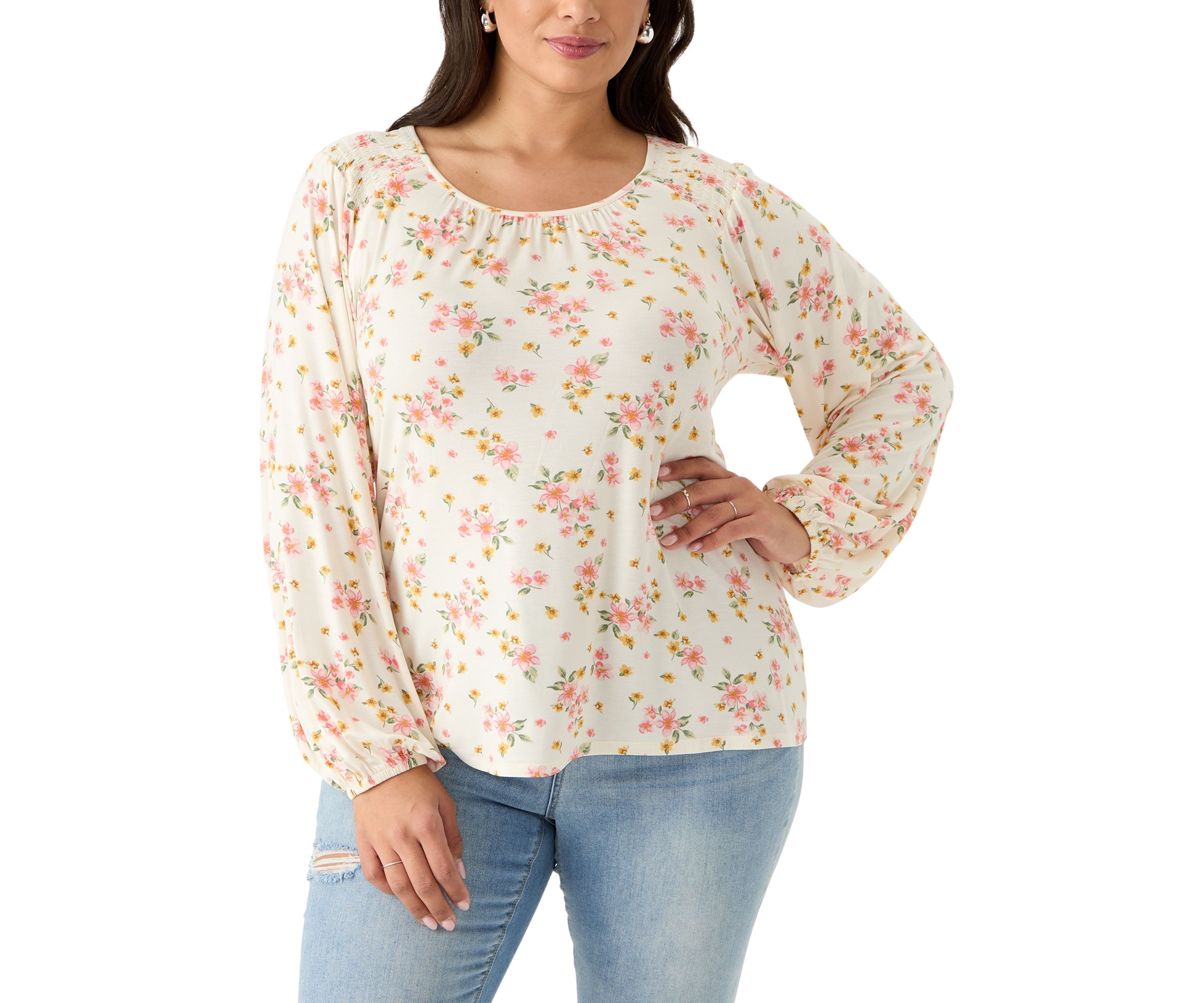 Plus Size Long Sleeve Smocked Shoulder Knit Top