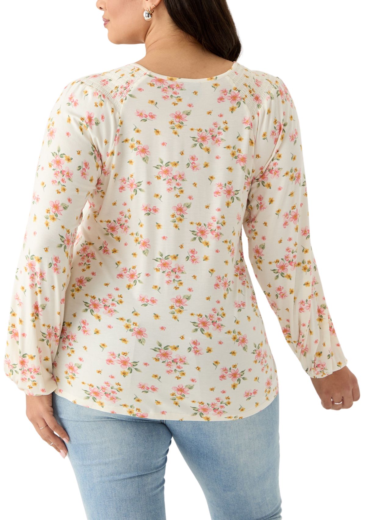 Plus Size Long Sleeve Smocked Shoulder Knit Top