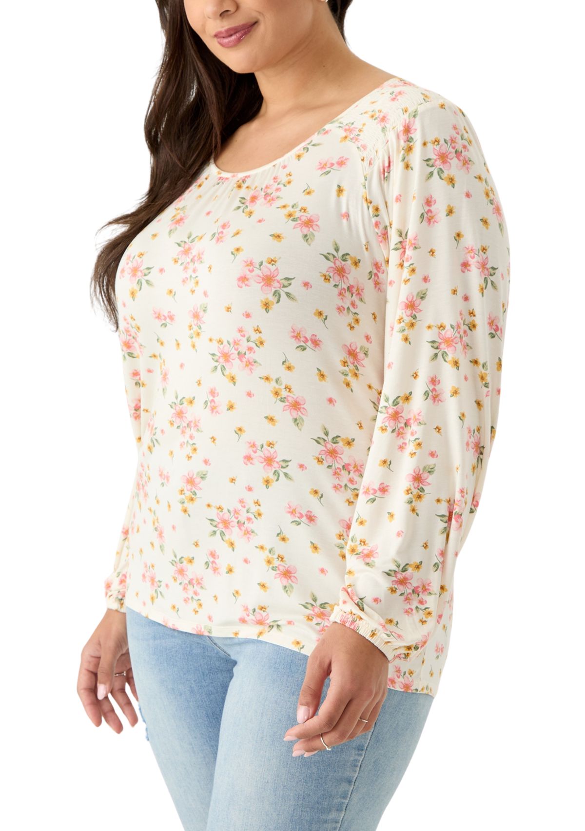 Plus Size Long Sleeve Smocked Shoulder Knit Top