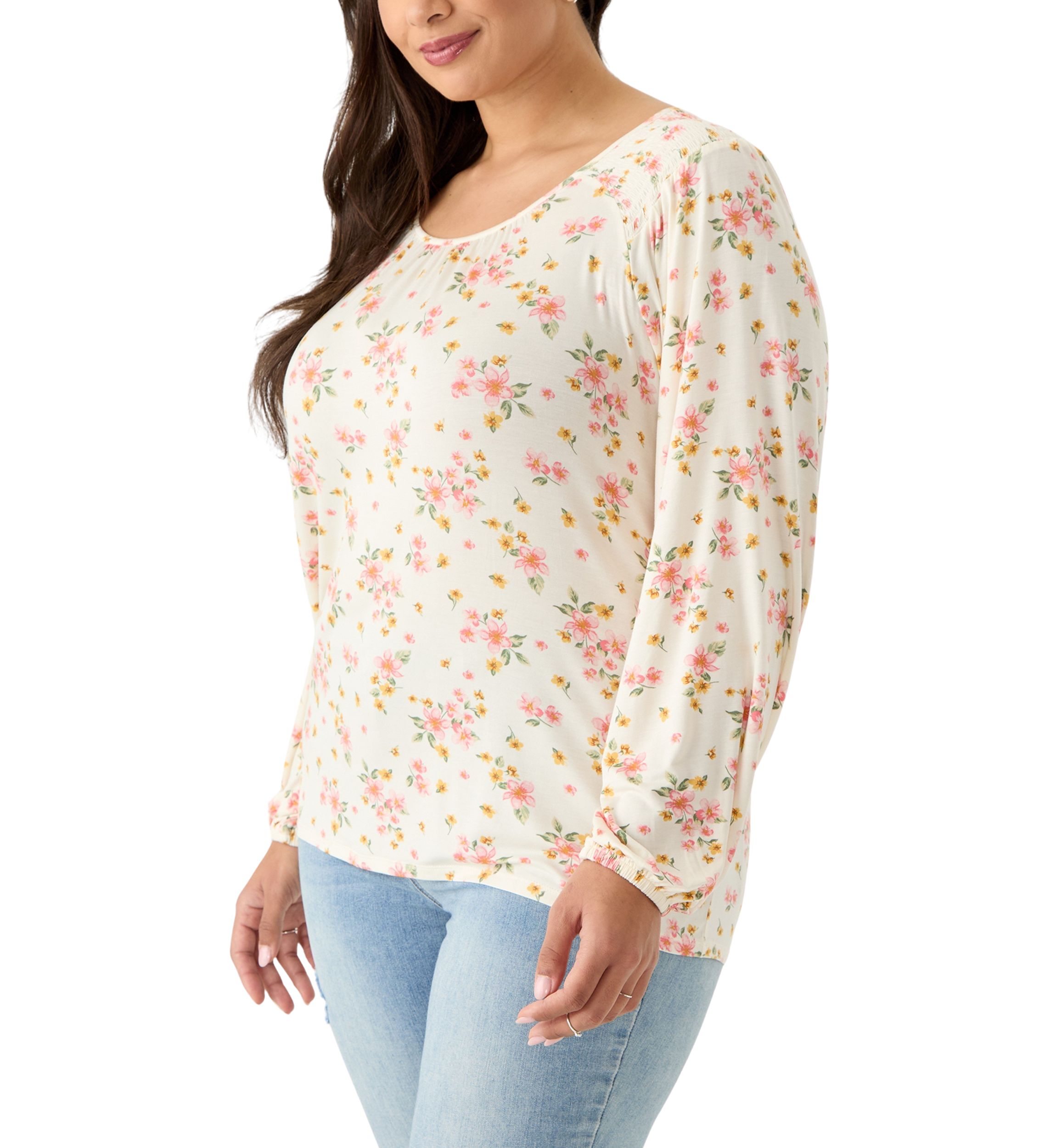 Plus Size Long Sleeve Smocked Shoulder Knit Top