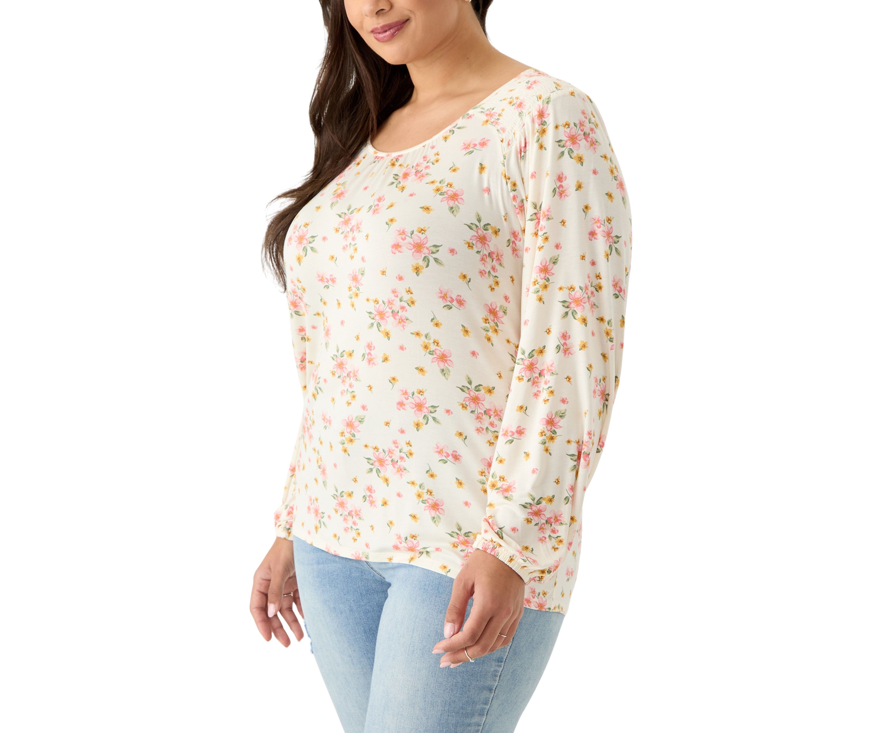 Plus Size Long Sleeve Smocked Shoulder Knit Top