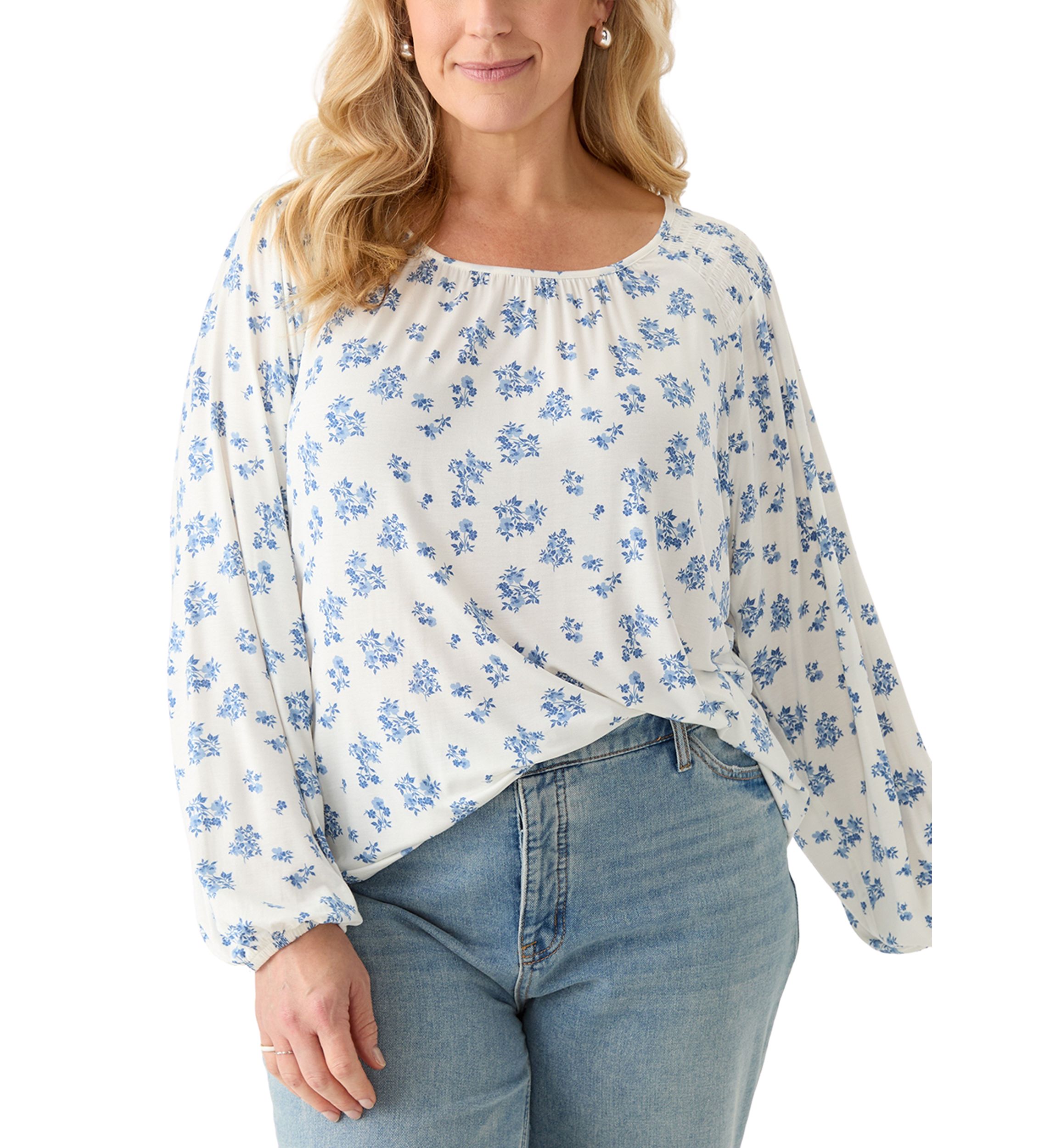 Plus Size Long Sleeve Smocked Shoulder Knit Top