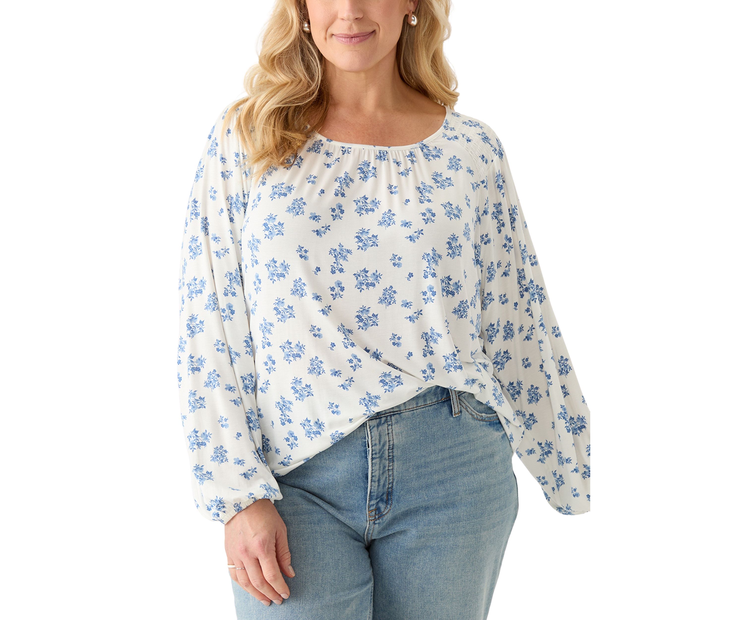 Plus Size Long Sleeve Smocked Shoulder Knit Top