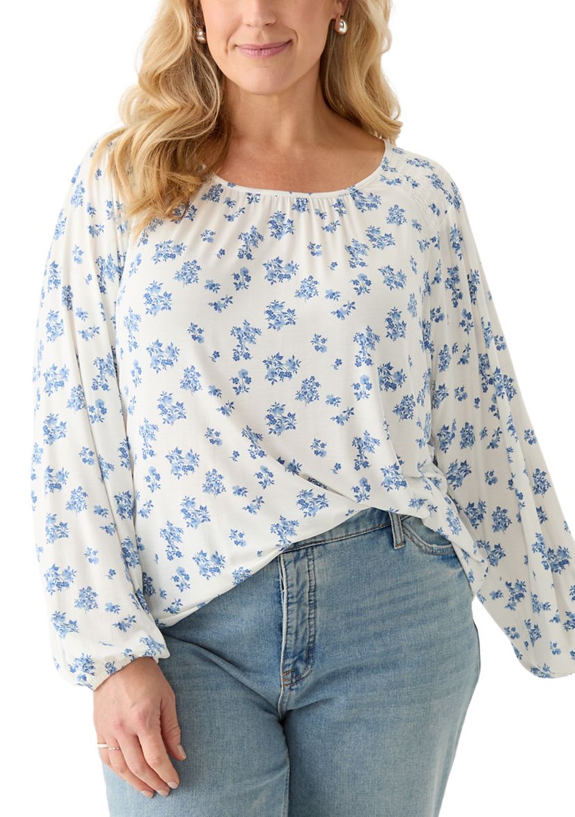 Plus Size Long Sleeve Smocked Shoulder Knit Top