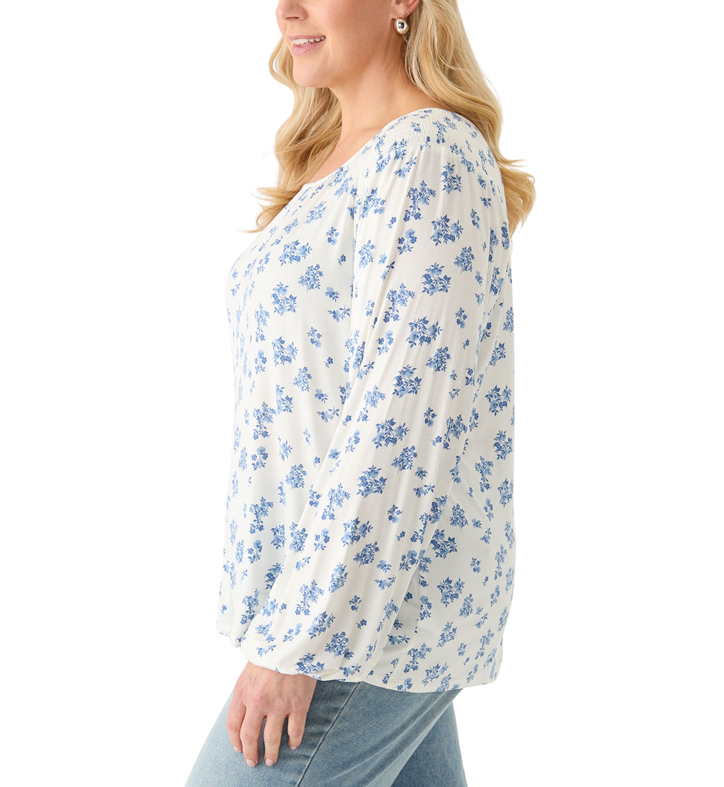 Plus Size Long Sleeve Smocked Shoulder Knit Top