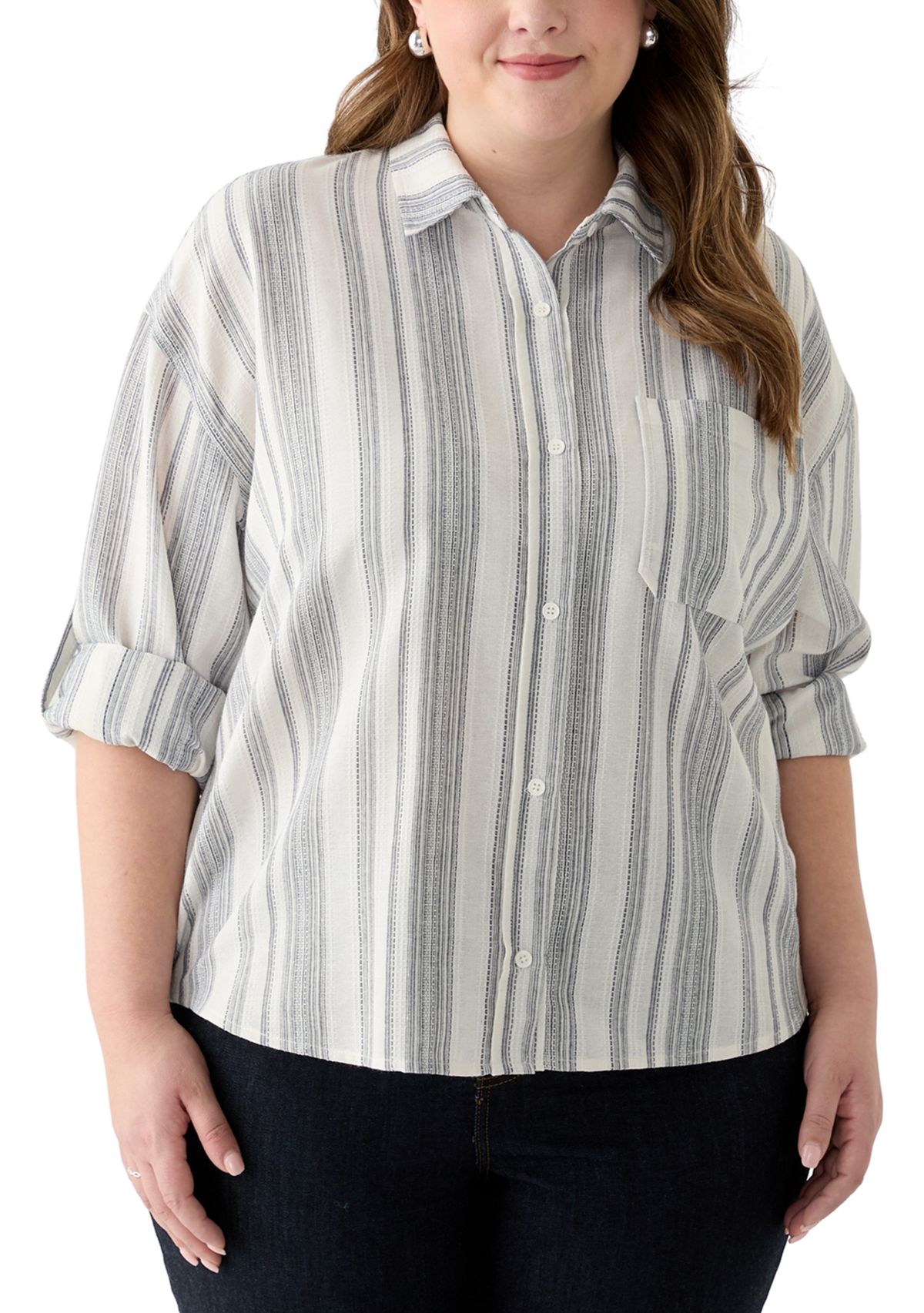 Plus Size Long Sleeve Textured Stripe Button Down Shirt 