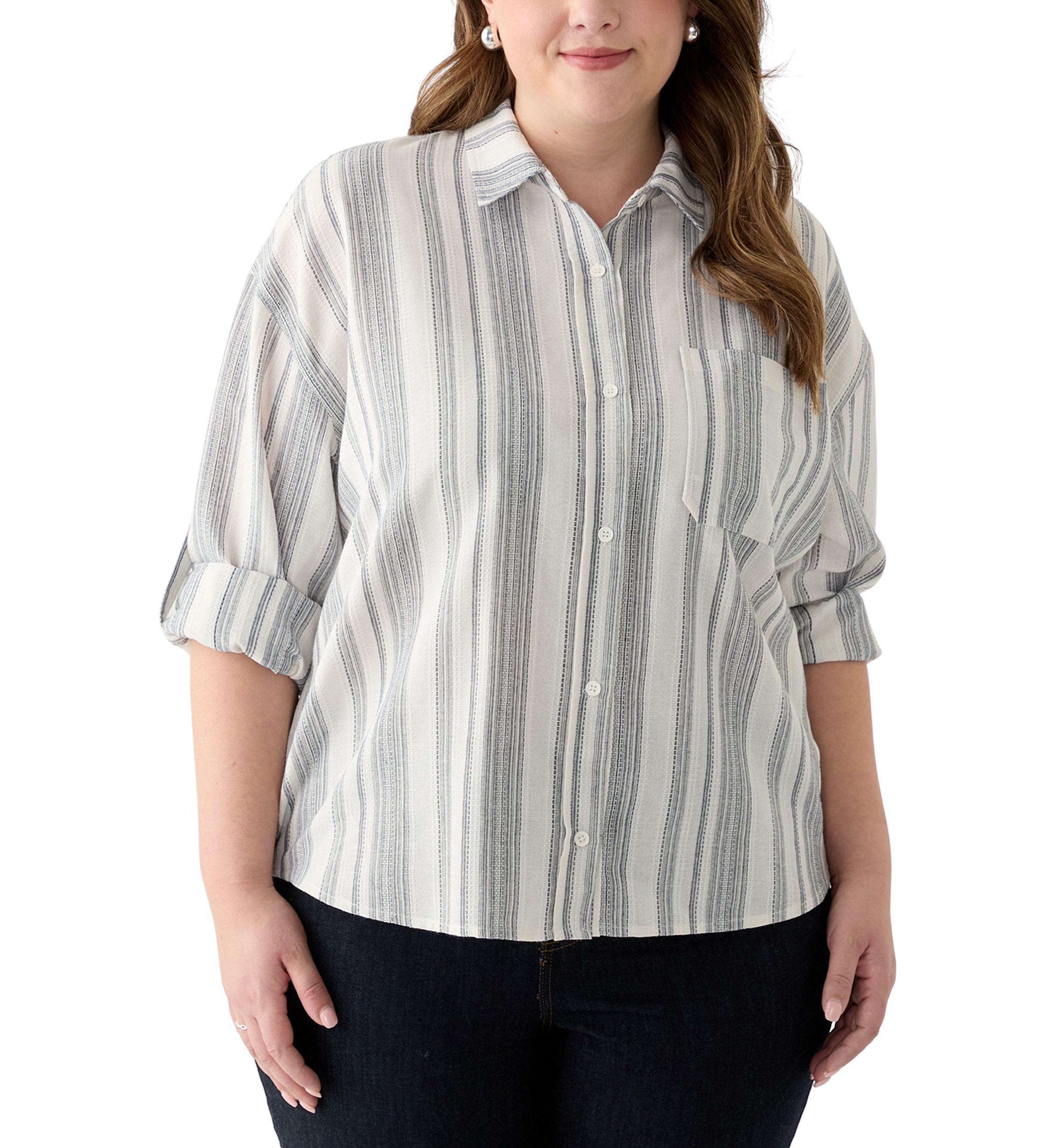 Plus Size Long Sleeve Textured Stripe Button Down Shirt 