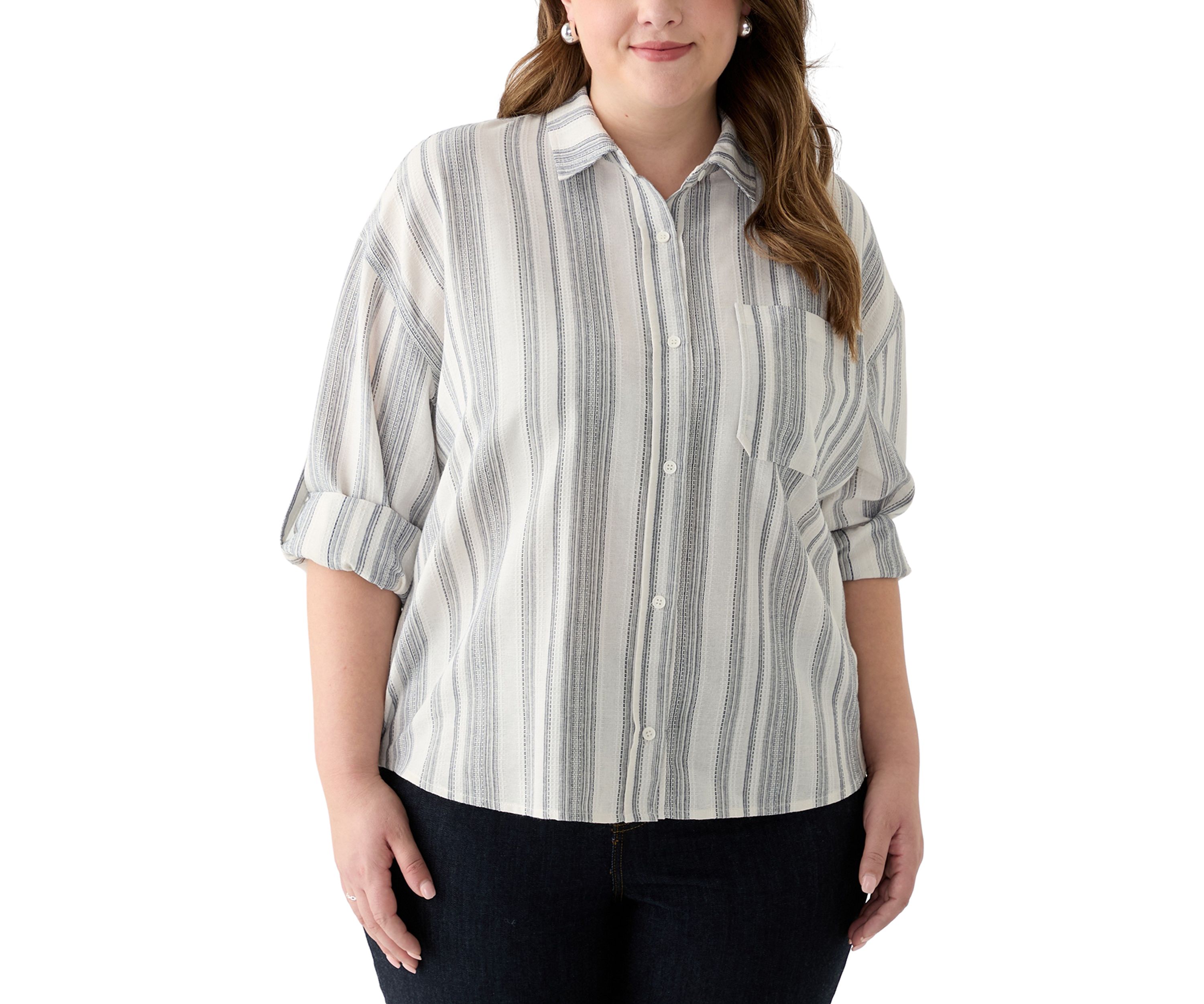 Plus Size Long Sleeve Textured Stripe Button Down Shirt 