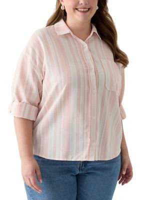 Oak & Trellis Women's Plus Size Long Sleeve Textured Stripe Button Down Shirt