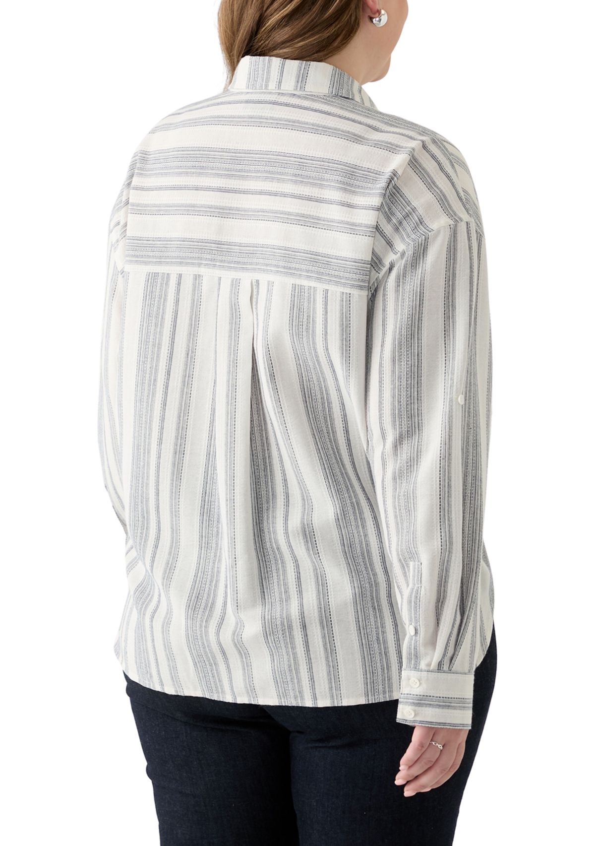Plus Size Long Sleeve Textured Stripe Button Down Shirt 