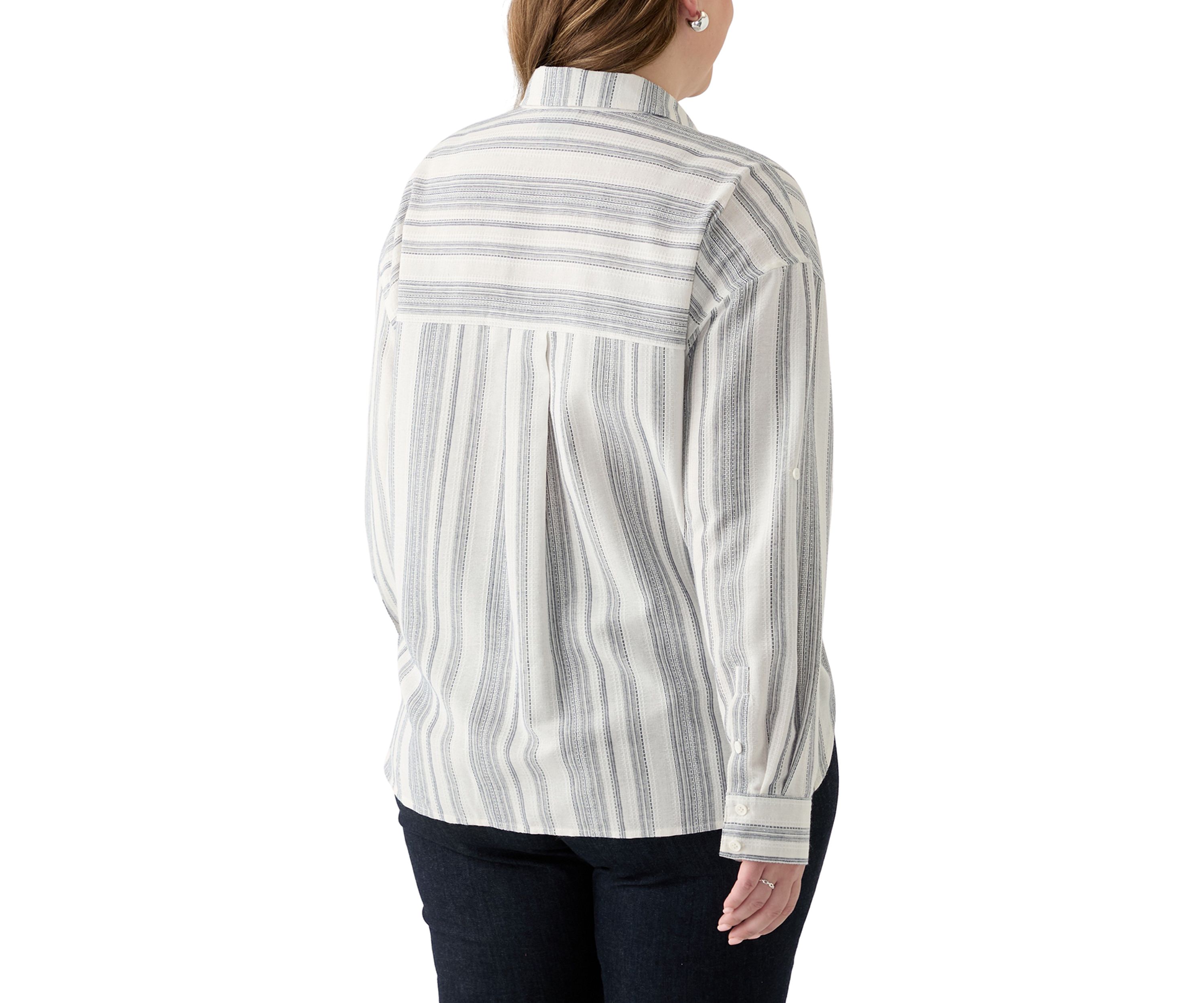 Plus Size Long Sleeve Textured Stripe Button Down Shirt 