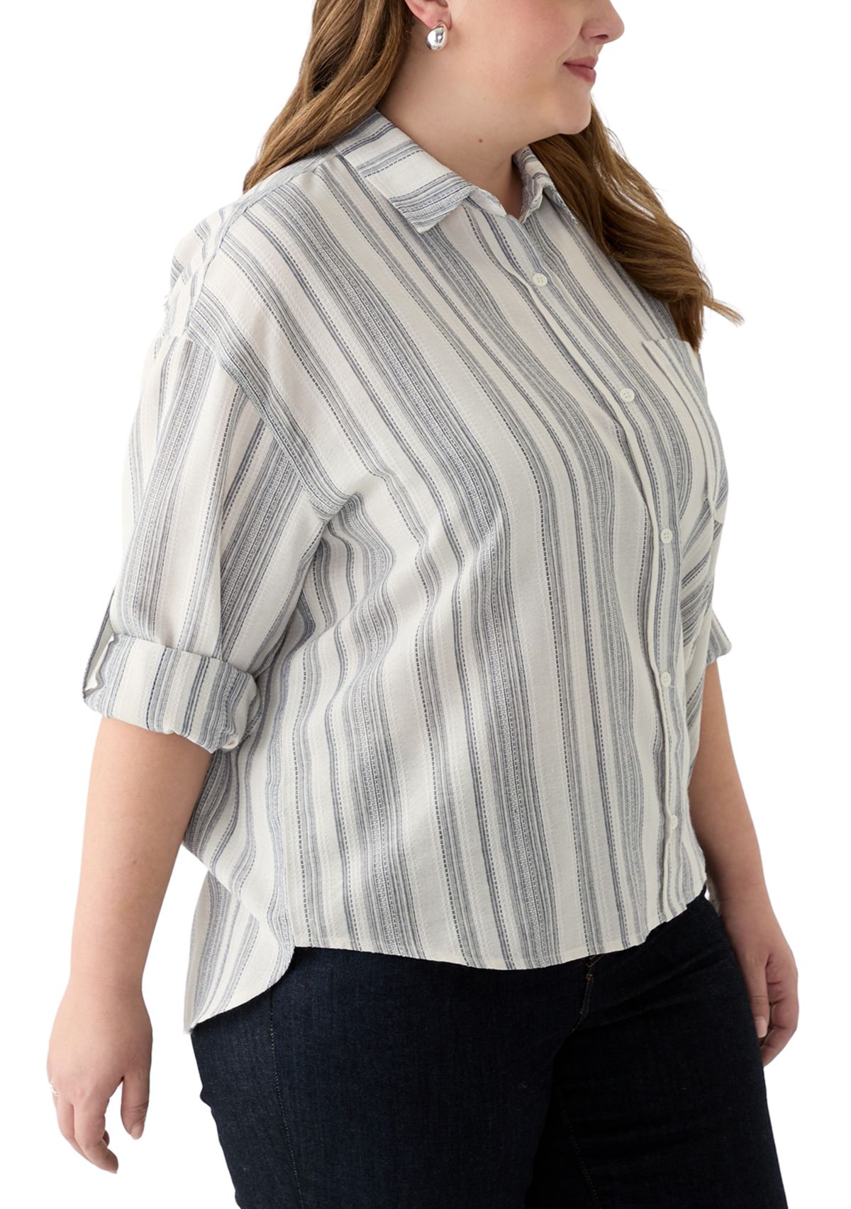 Plus Size Long Sleeve Textured Stripe Button Down Shirt 
