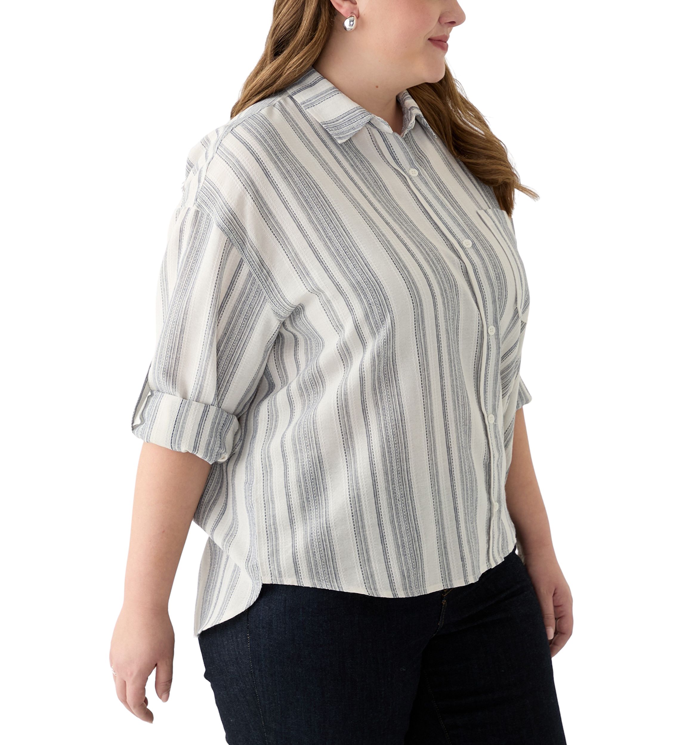 Plus Size Long Sleeve Textured Stripe Button Down Shirt 