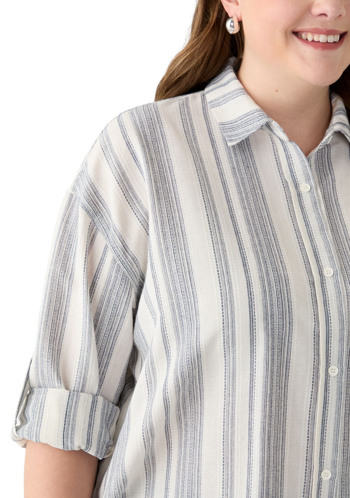 Plus Size Long Sleeve Textured Stripe Button Down Shirt 