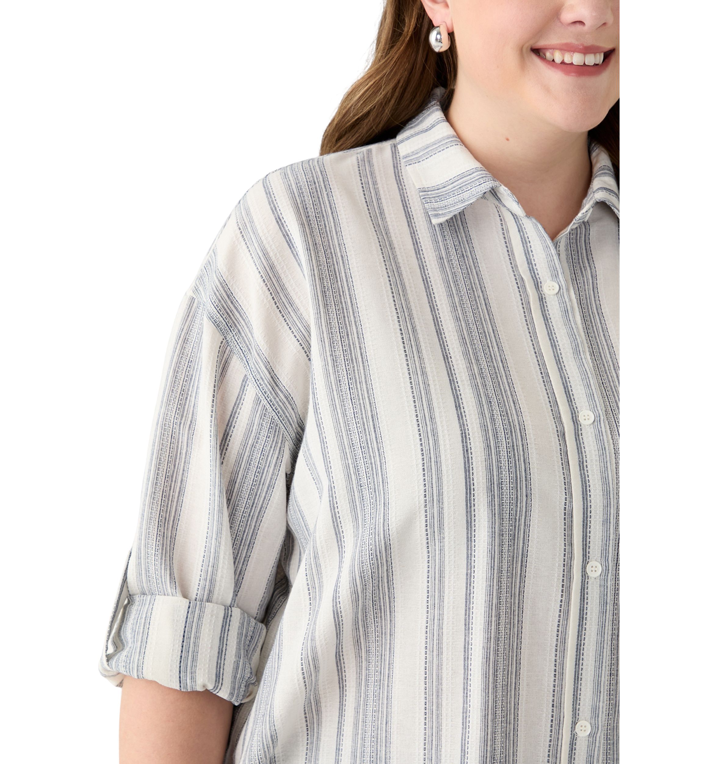 Plus Size Long Sleeve Textured Stripe Button Down Shirt 