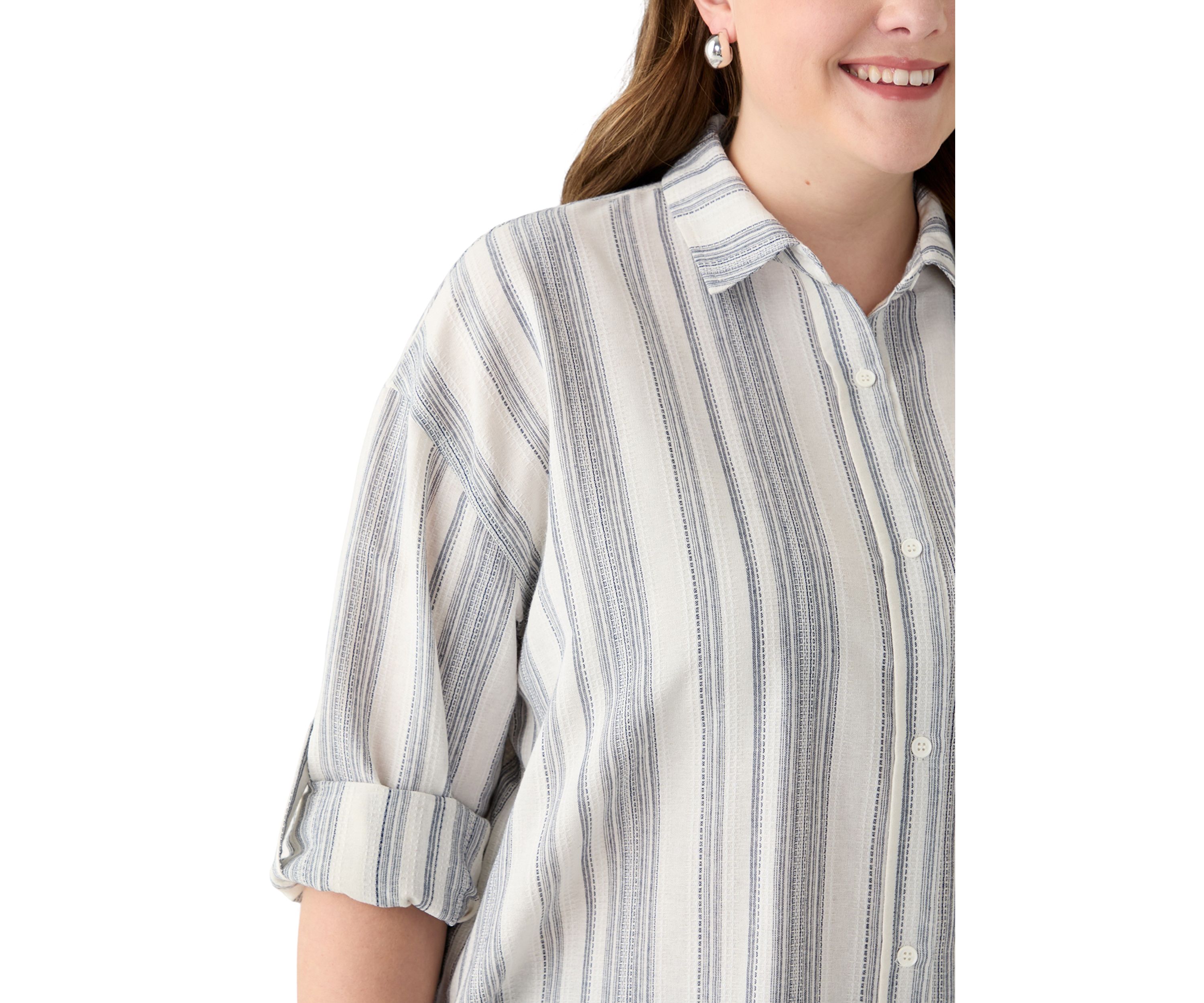 Plus Size Long Sleeve Textured Stripe Button Down Shirt 