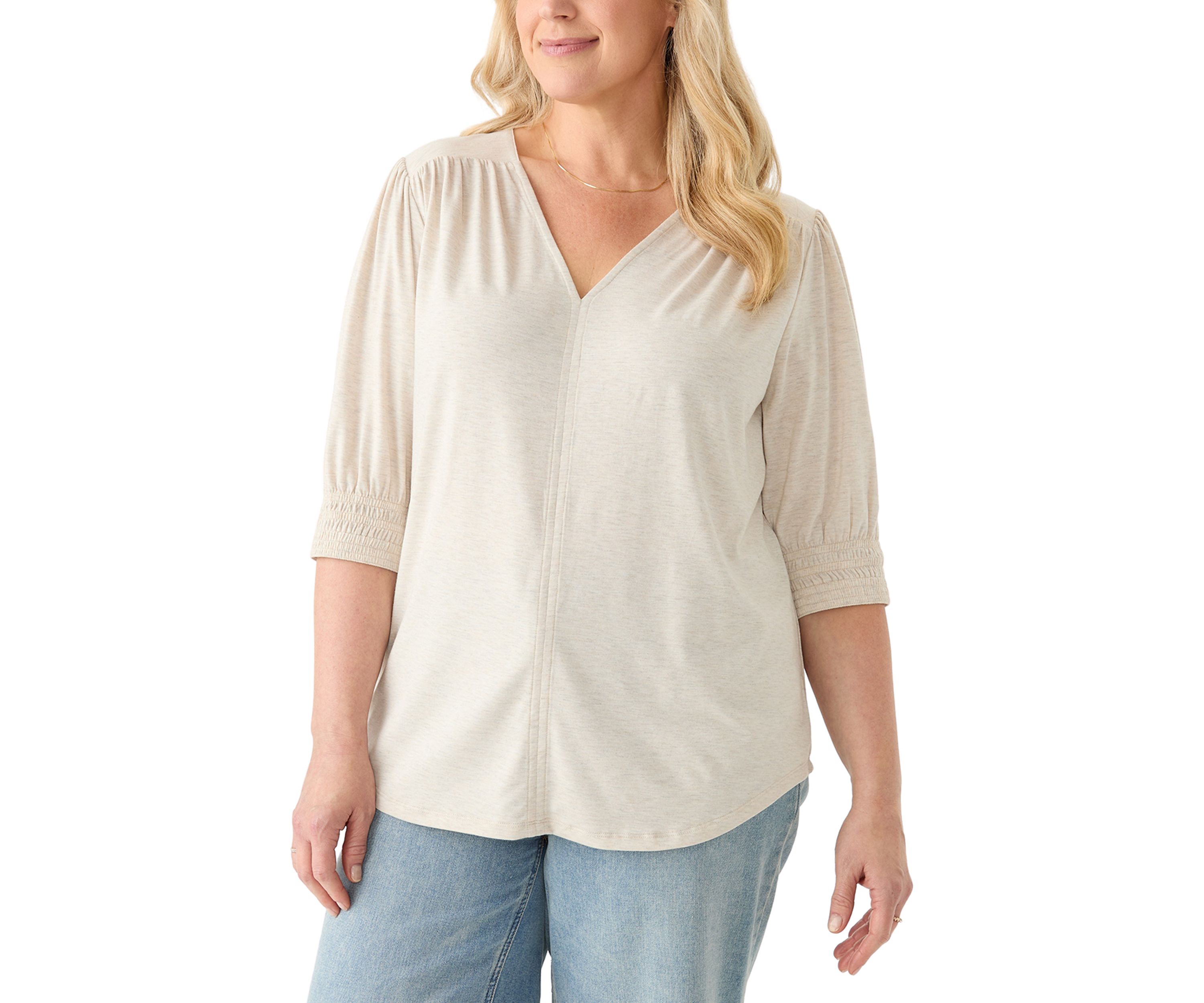 Plus Size 3/4 Sleeve V-Neck Knit Top