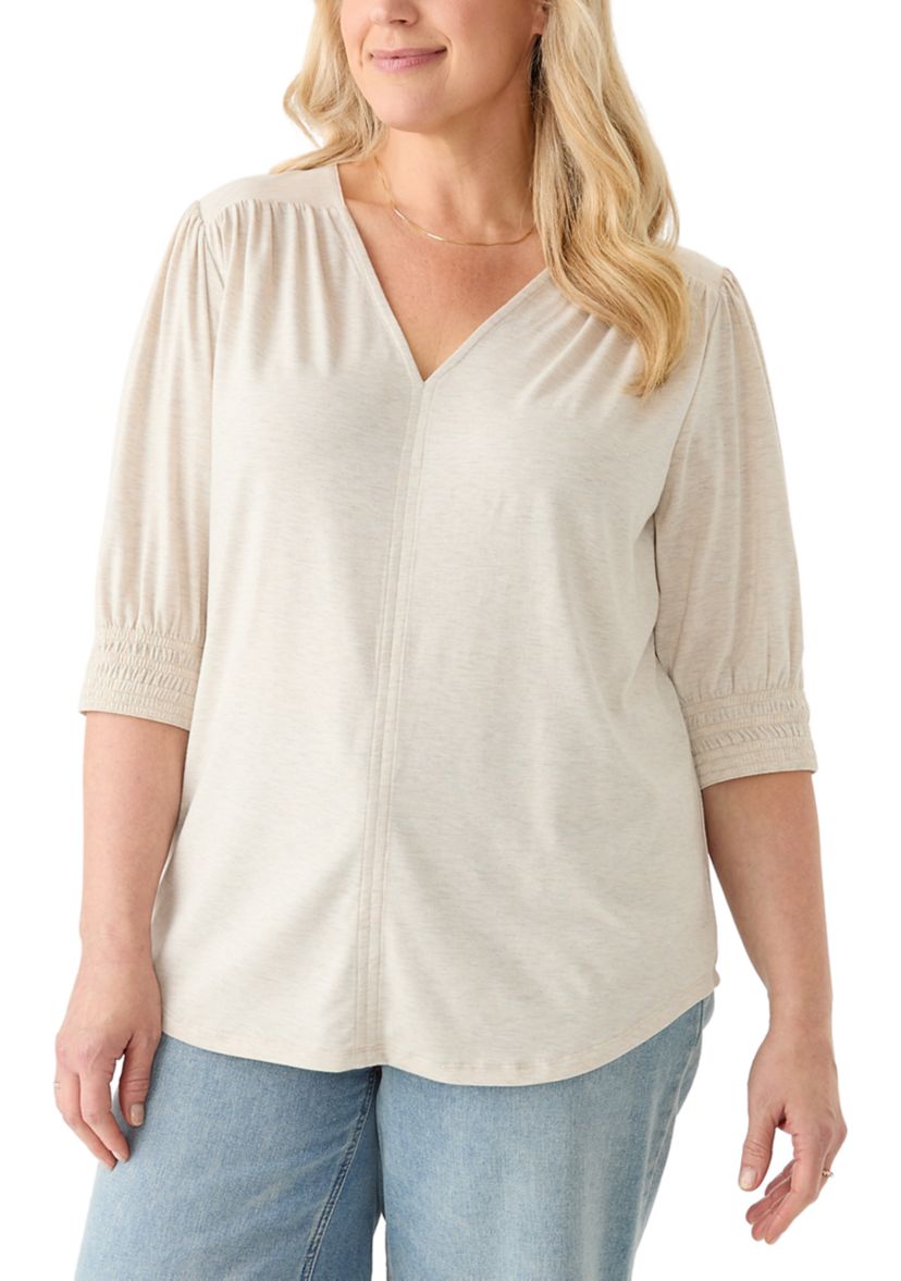 Plus Size 3/4 Sleeve V-Neck Knit Top