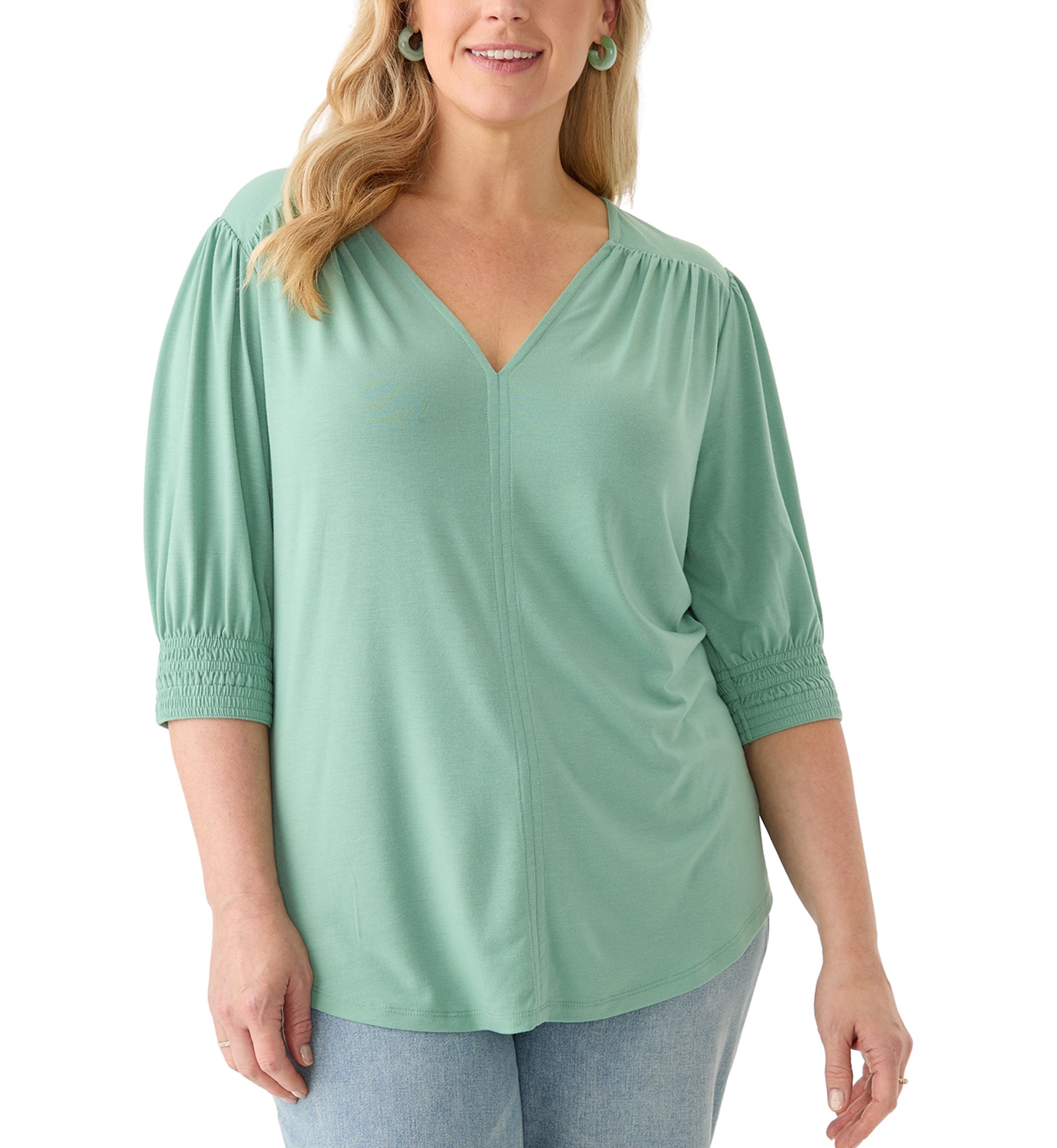 Plus Size 3/4 Sleeve V-Neck Knit Top