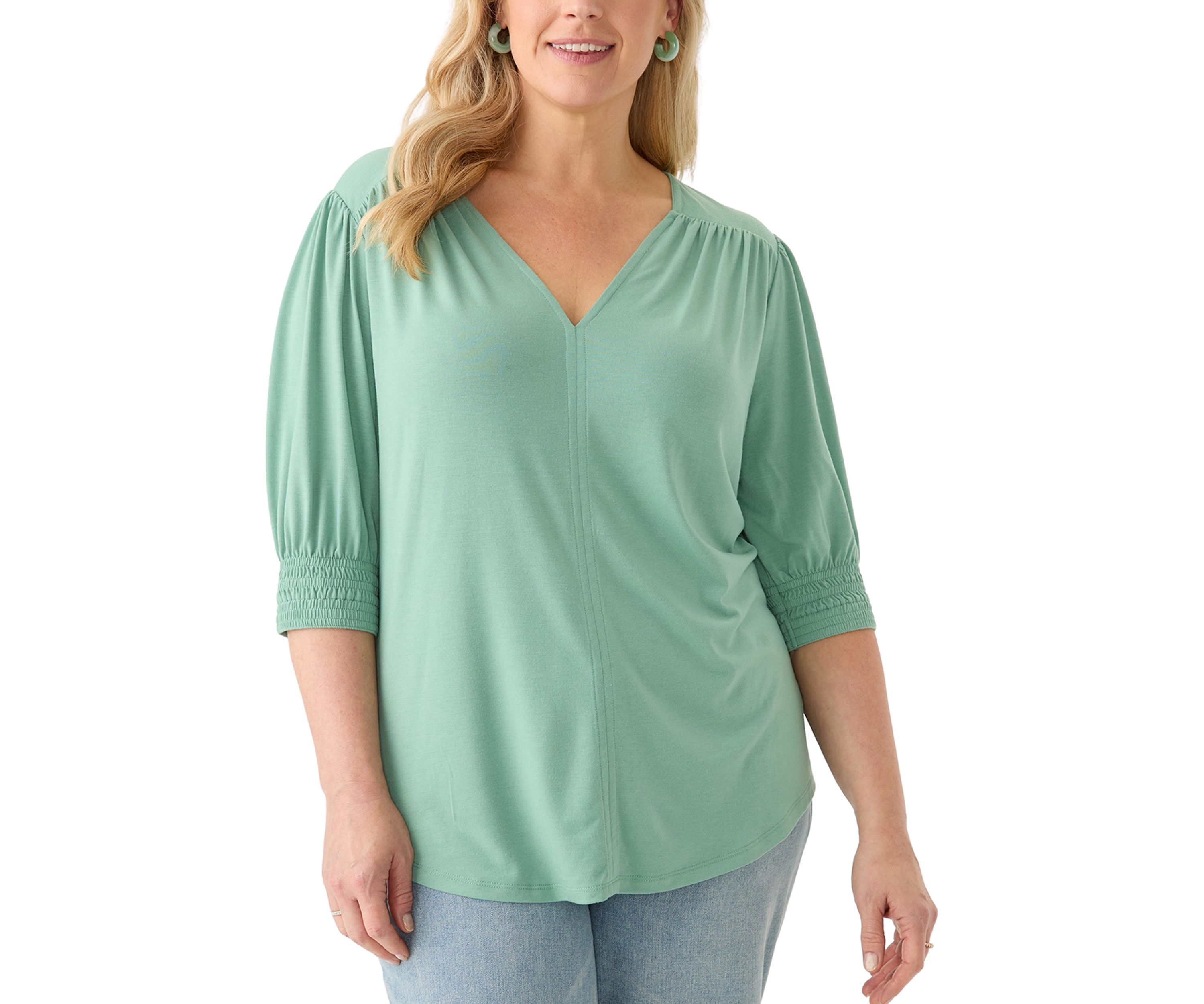 Plus Size 3/4 Sleeve V-Neck Knit Top