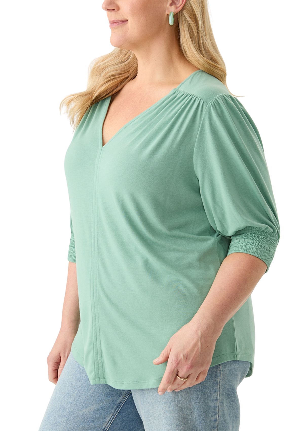 Plus Size 3/4 Sleeve V-Neck Knit Top