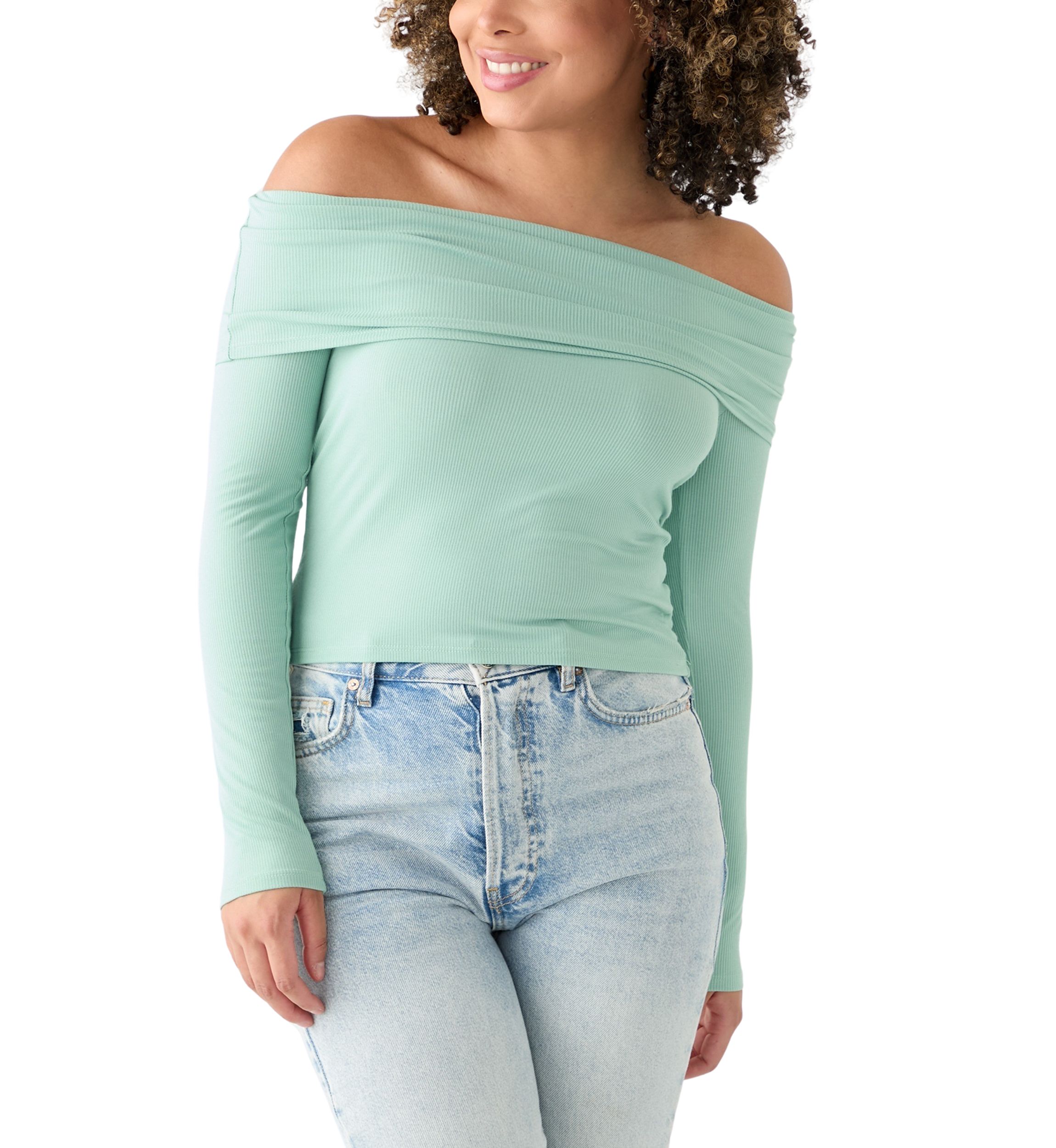 Womens Long Sleeve Folded Off the Shoulder Top 