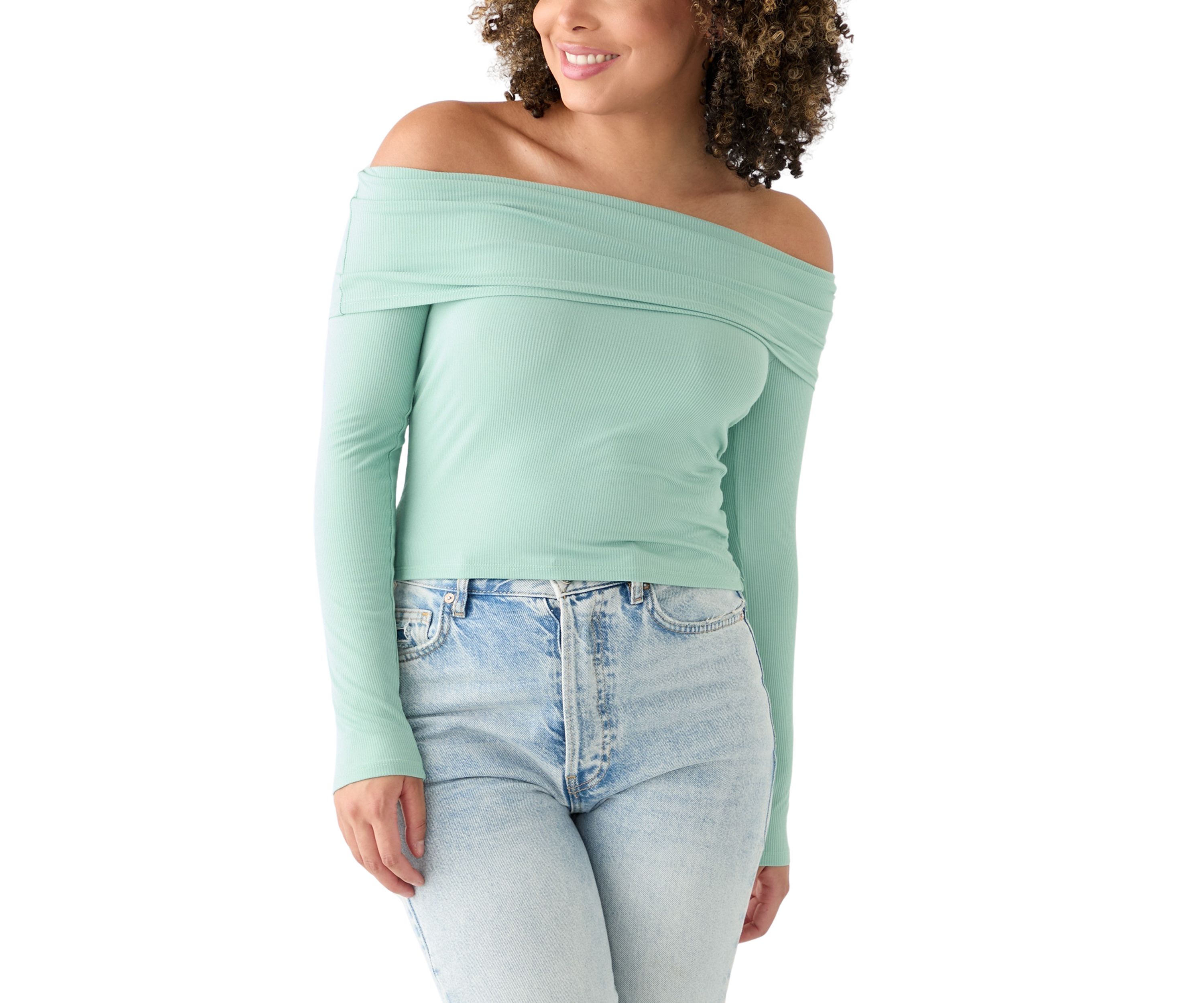 Womens Long Sleeve Folded Off the Shoulder Top 