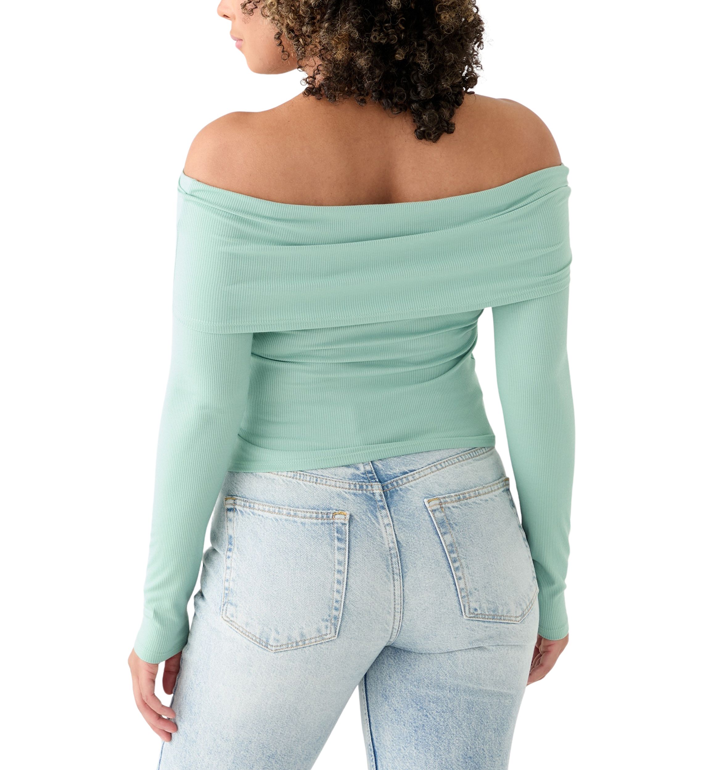 Womens Long Sleeve Folded Off the Shoulder Top 