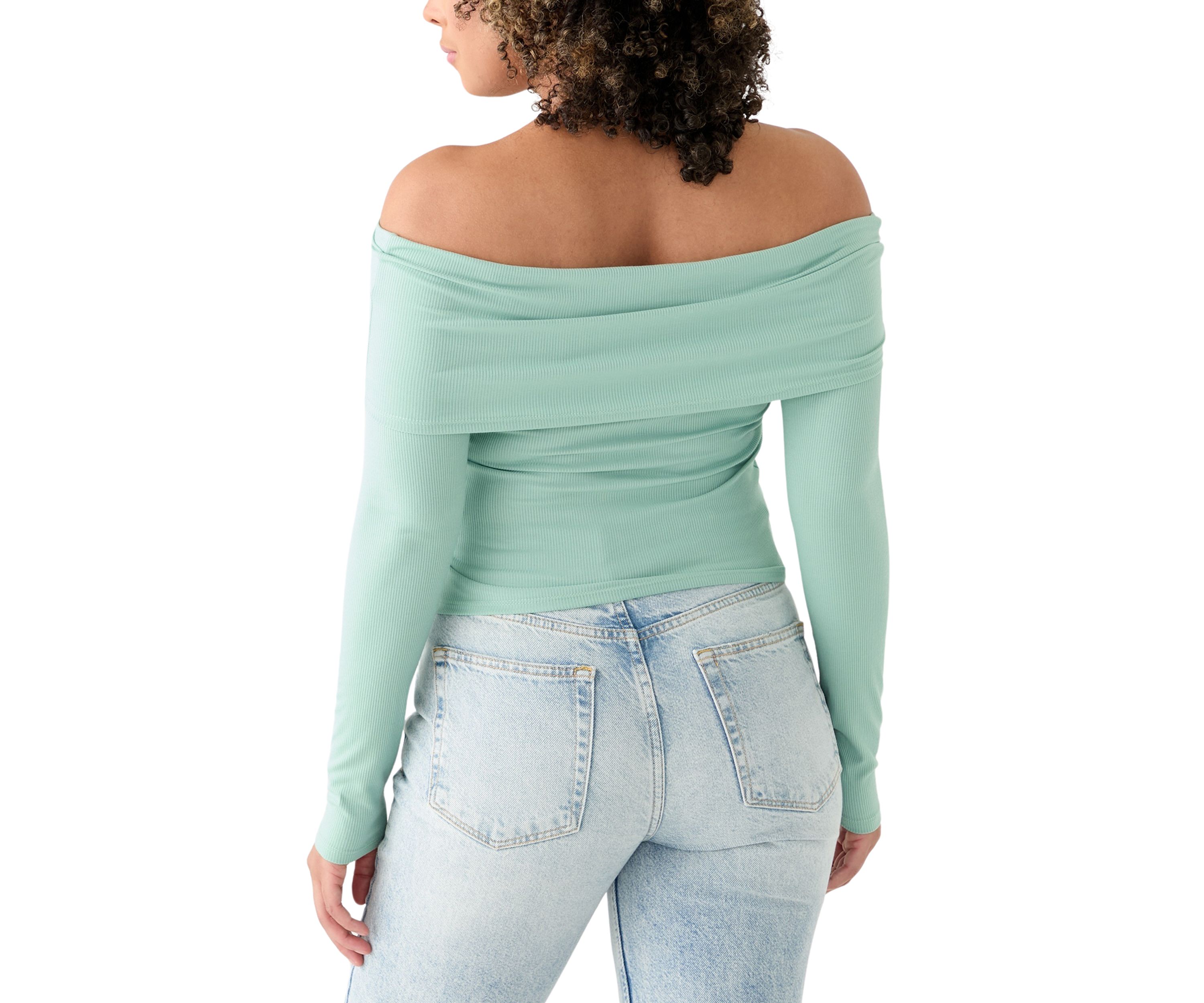 Womens Long Sleeve Folded Off the Shoulder Top 