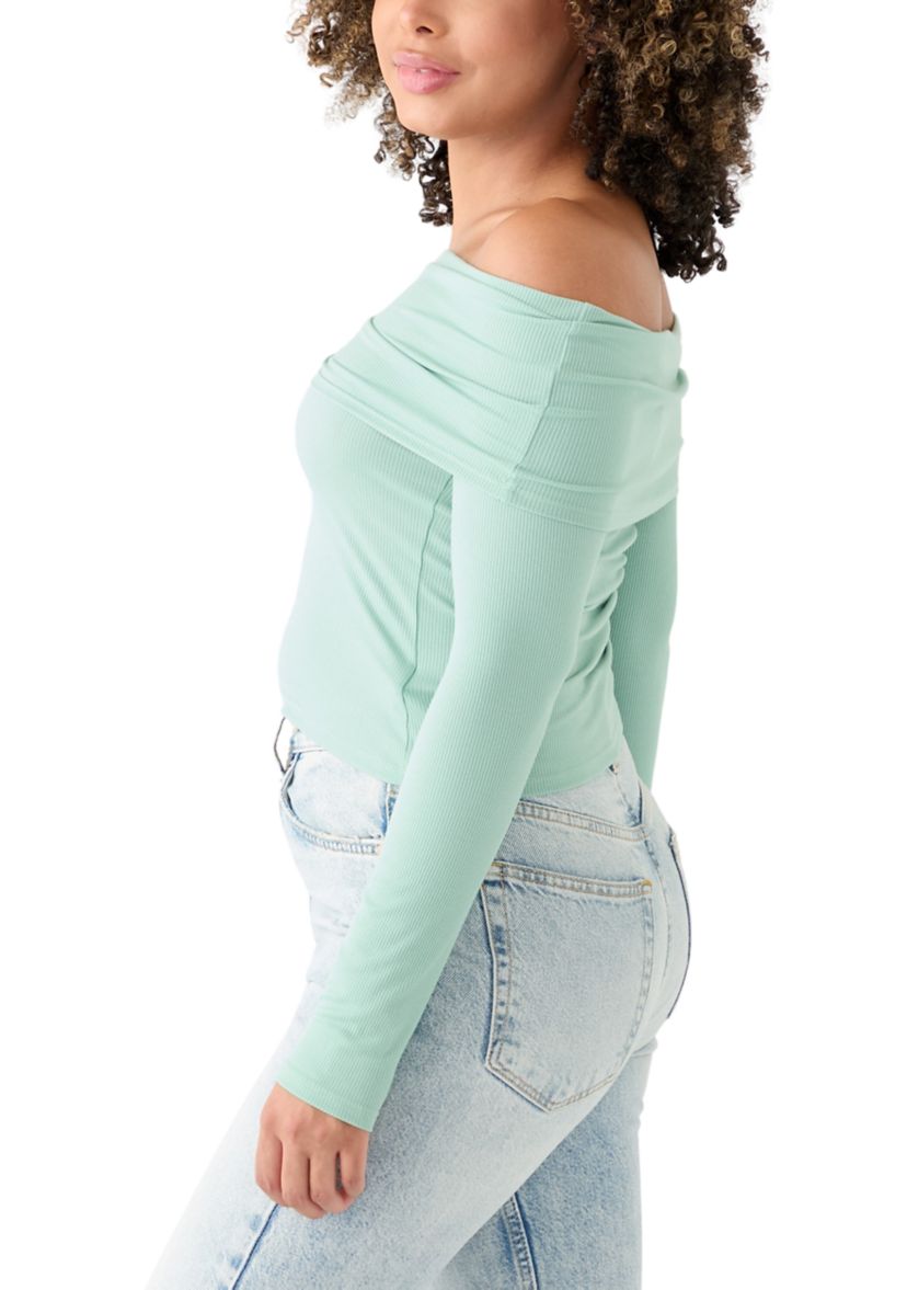 Womens Long Sleeve Folded Off the Shoulder Top 