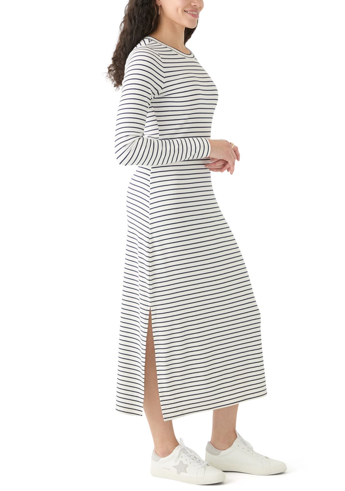 Womens Long Sleeve Crew Neck Dress with Slit 
