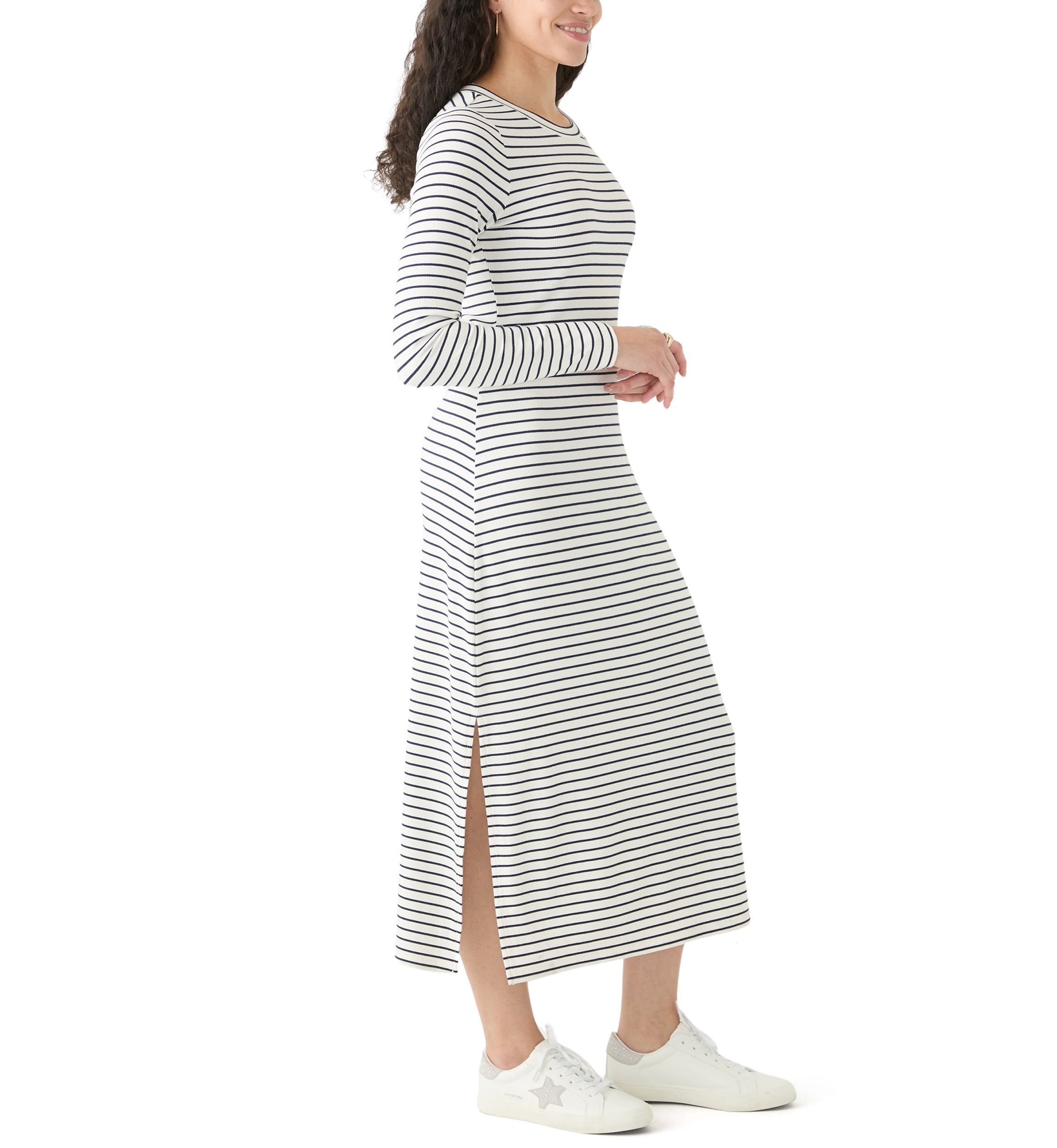 Womens Long Sleeve Crew Neck Dress with Slit 