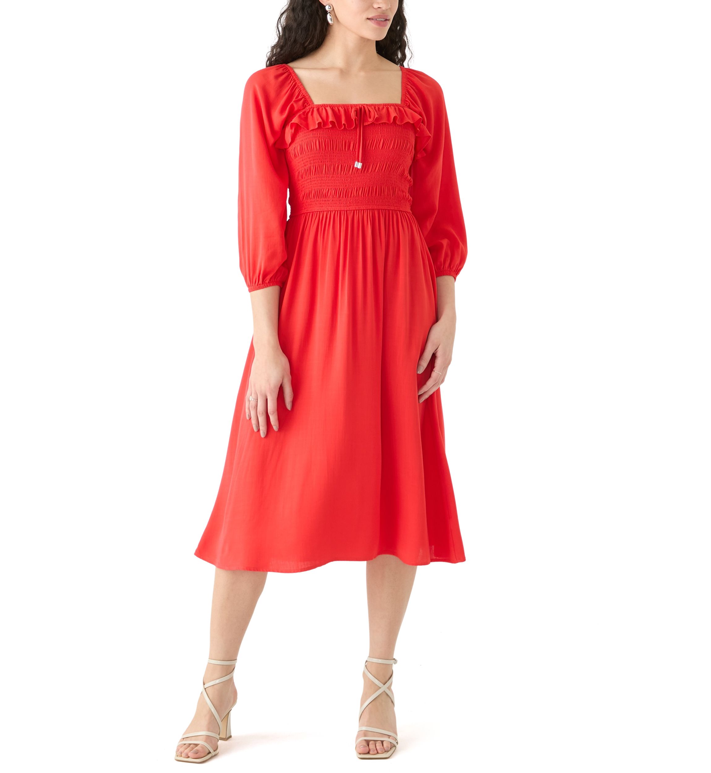 Womens Smocked Midi Dress with Front Ruffle 